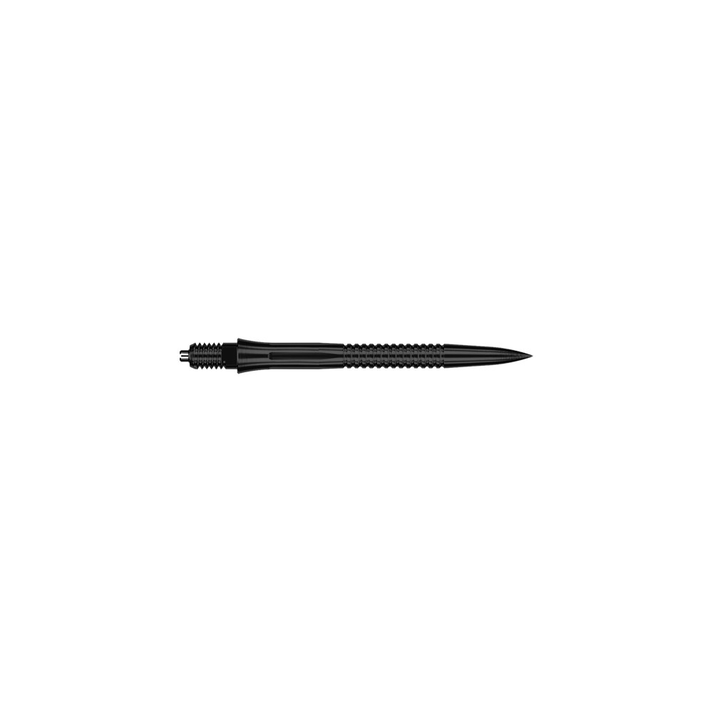 Zu sehen ist eine EVO201 Caliburn EZ-EVO Dartspitze mit Rillen in Schwarz und einer Länge von 28 mm. Die Dartspitze eignet sich besonders für den Einsatz im Dartsport.