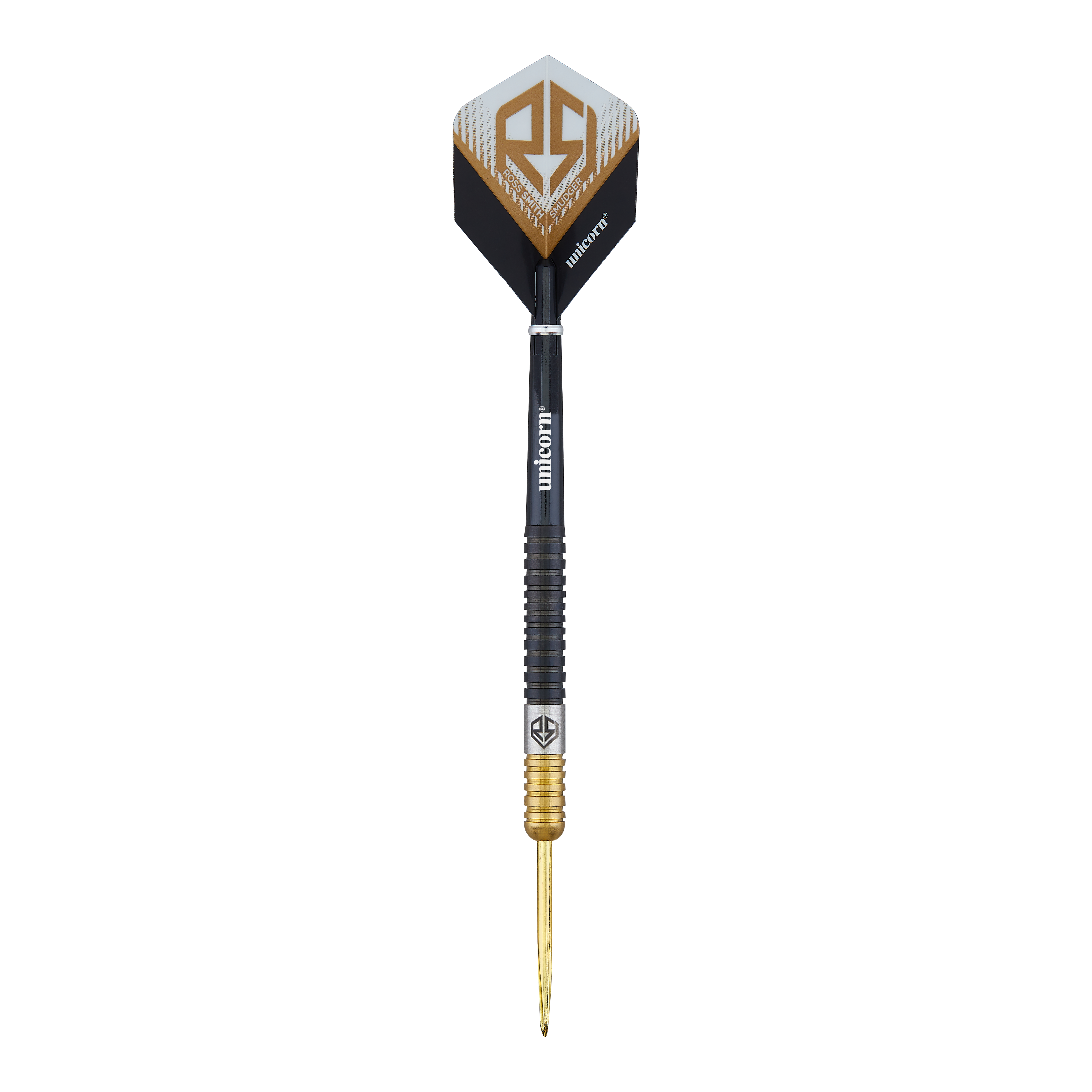 Fléchettes en acier bicolore Unicorn Ross Smith Das Bild zeigt einen Steeldart namens "Unicorn Ross Smith Two-Tone". Der Dartpfeil hat ein schwarz-goldenes Design und das Unicorn-Logo auf den Flights.