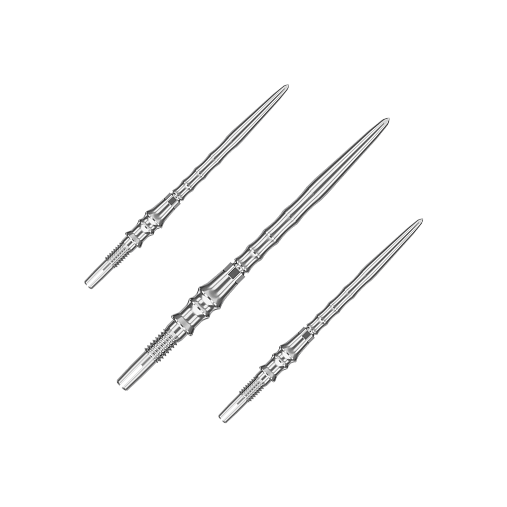 Pointes de fléchettes Target Japan Premium Swiss Point - Argent Das Bild zeigt ein Set silberner SwissPoint-Dartspitzen mit 35 mm Länge. Diese Dartspitzen stammen aus der Target Japan Premium Kollektion.