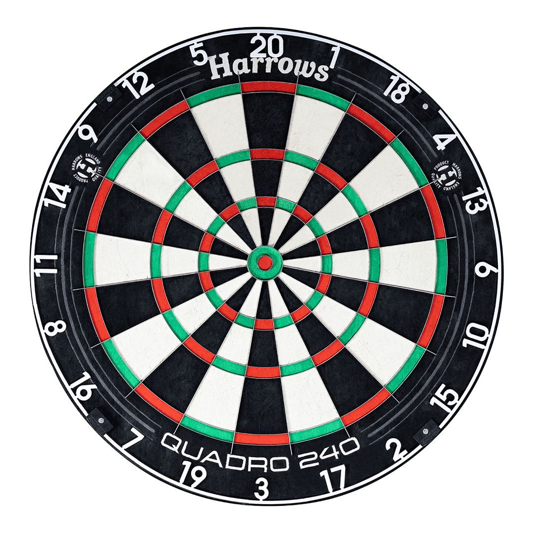 Cible de fléchettes en acier Harrows Quadro 240 Das Bild zeigt ein Harrows Quadro 240 Steeldartboard. Die Dartscheibe hat farbige Segmente in Schwarz, Weiß, Rot und Grün.
