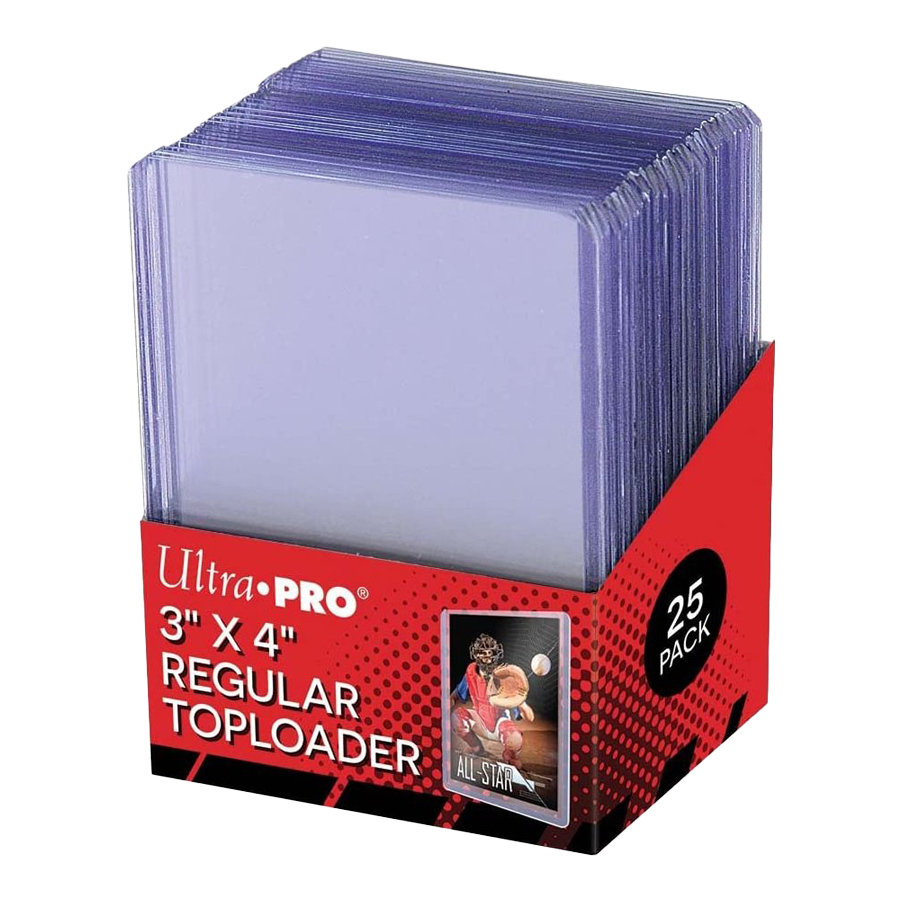 Panini Ultra-Pro Regular Toploader Schutzhüllen (25er Pack) Das Bild zeigt eine Packung mit 25 Ultra-Pro Toploader Schutzhüllen in der Größe 3" x 4". Diese transparenten Hüllen dienen dem Schutz von Sammelkarten.