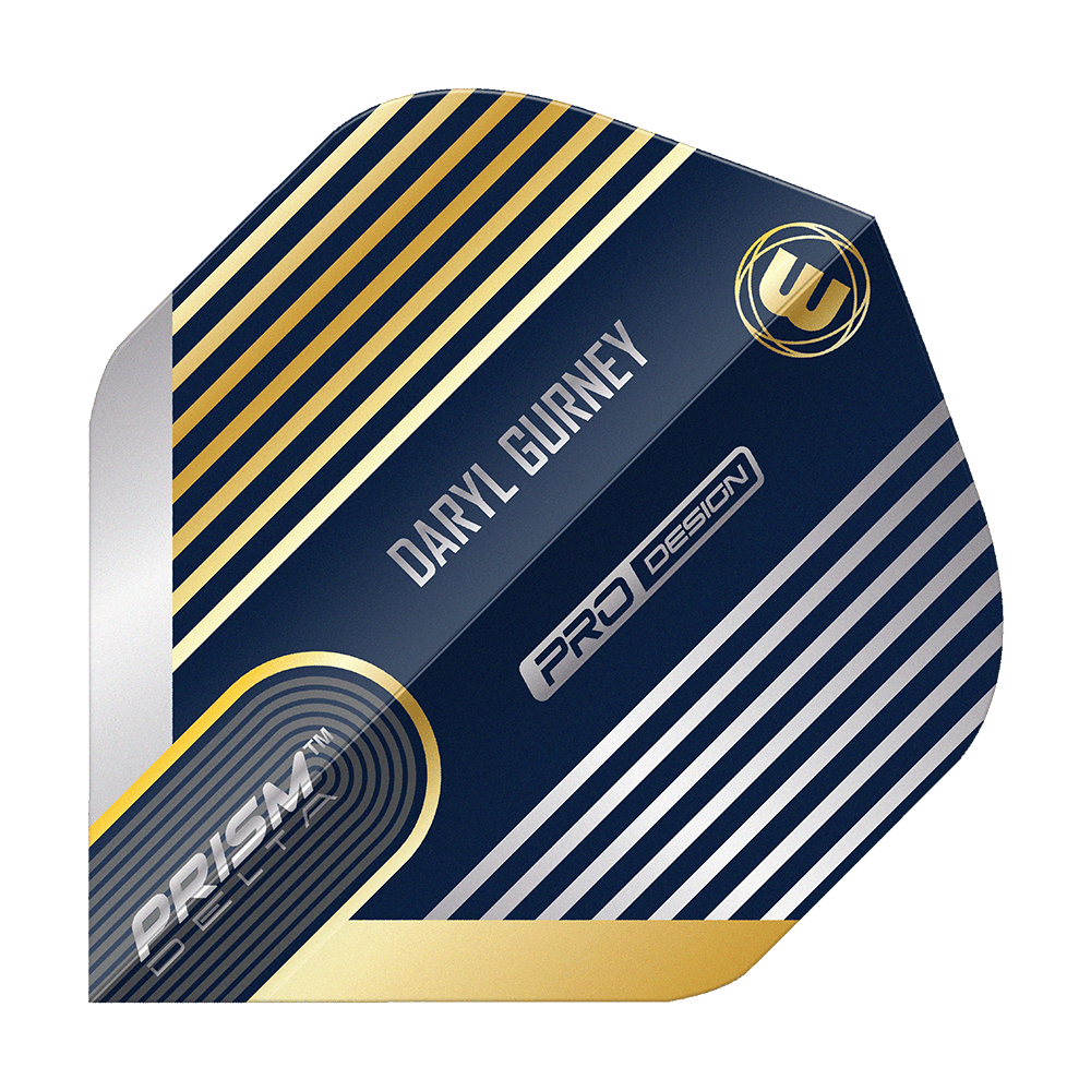 Winmau Prism Delta Daryl Gurney No2 Vols Standard Das Bild zeigt ein Winmau Prism Delta Daryl Gurney No2 Standard Dart Flight. Das Design ist überwiegend dunkelblau mit silbernen und goldenen Streifen und enthält den Namen "Daryl Gurney".