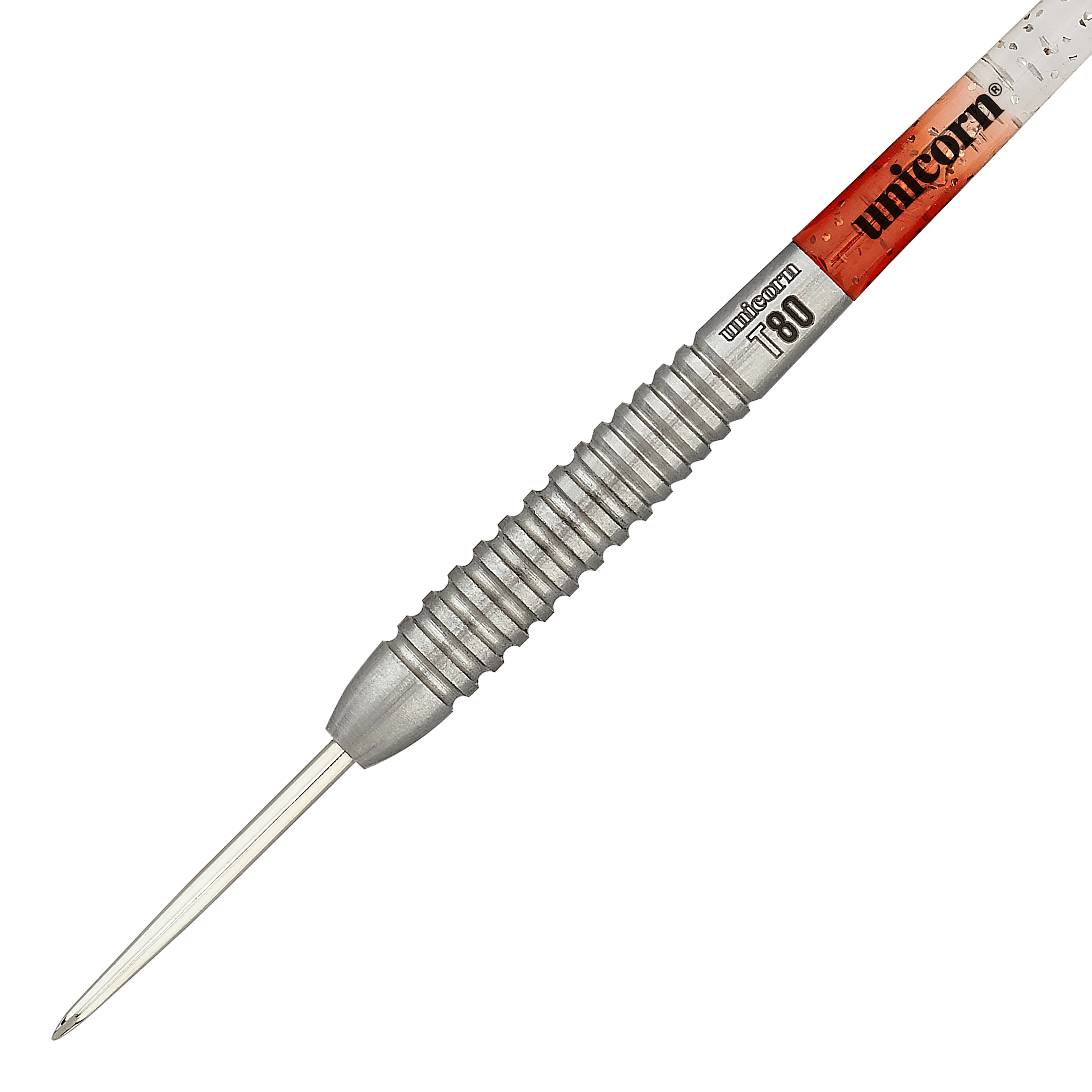 Fléchettes en acier Unicorn Core XL Striker Style 5 Das Bild zeigt einen Unicorn Core XL Striker Style 5 Steeldart. Der Dartpfeil hat einen silbernen, geriffelten Griff und eine spitze Metallspitze.