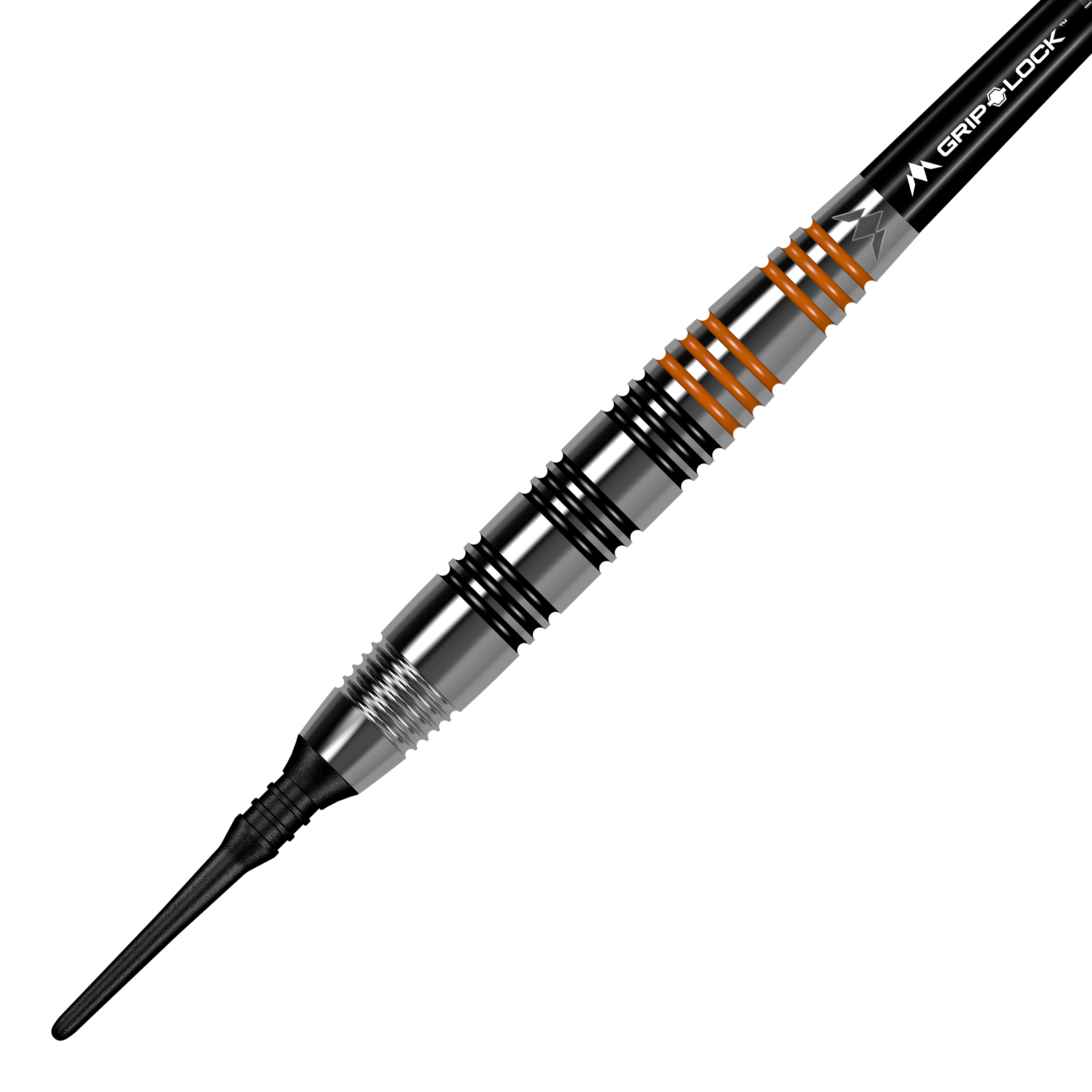 Fléchettes souples en laiton Mission Javan - 18 g Das Bild zeigt den "Mission Javan Brass Softdart" mit einem Gewicht von 18g. Der Dartpfeil ist silbern mit schwarzen und orangefarbenen Ringen am Griff.