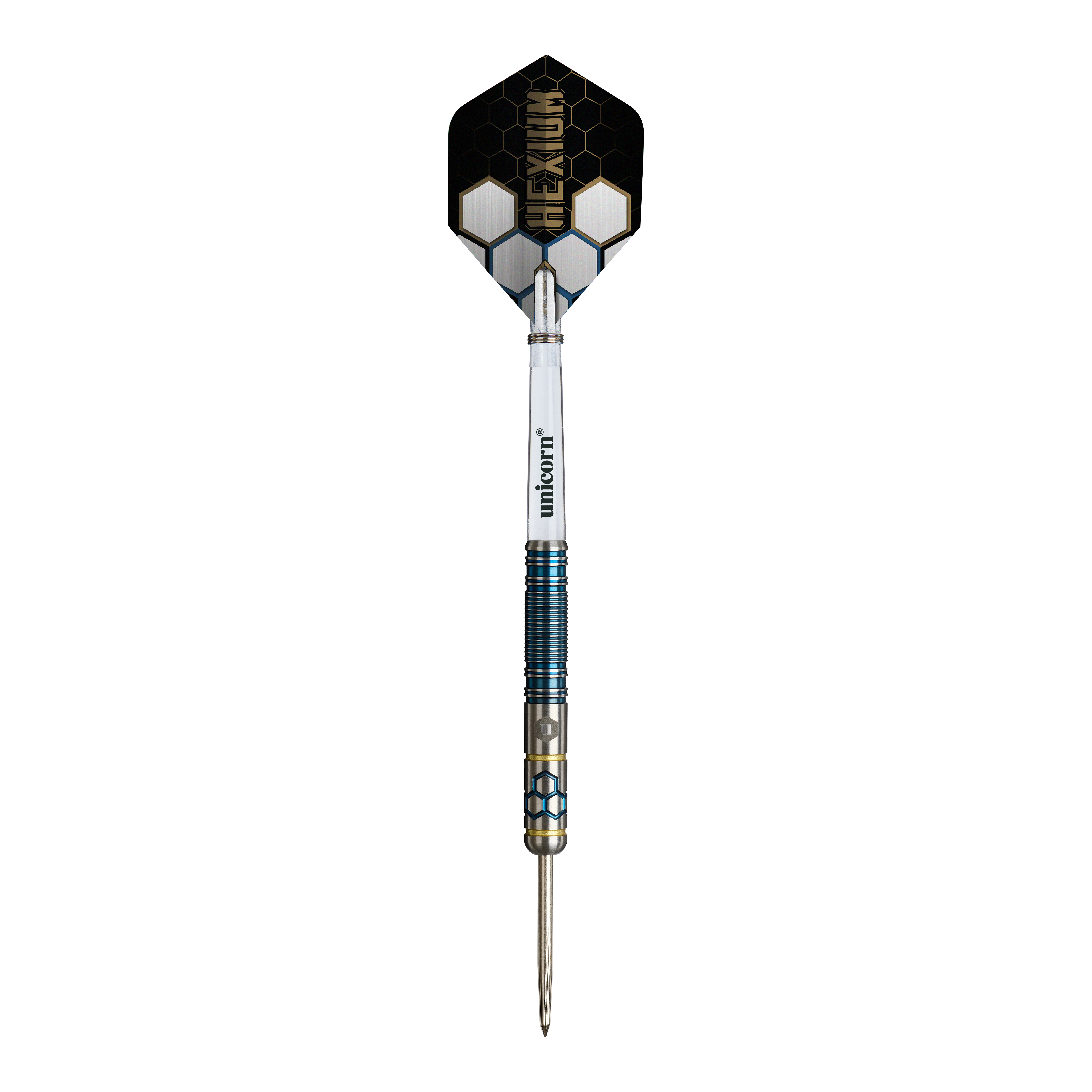 Fléchettes en acier Unicorn Hexium Style 02 bleues et dorées Abgebildet sind die Unicorn Hexium Style 02 Blue & Gold Steeldarts. Die Farbkombination aus Blau und Gold ist auffällig.