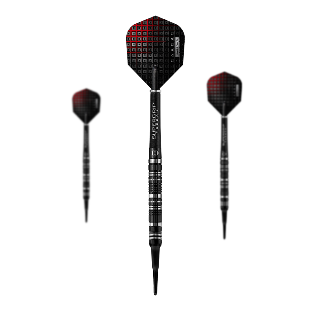Fléchettes souples Harrows Magnum Reloaded Das Bild zeigt drei Harrows Magnum Reloaded Softdarts. Die Darts sind schwarz mit roten Akzenten und haben einen modernen, sportlichen Look.