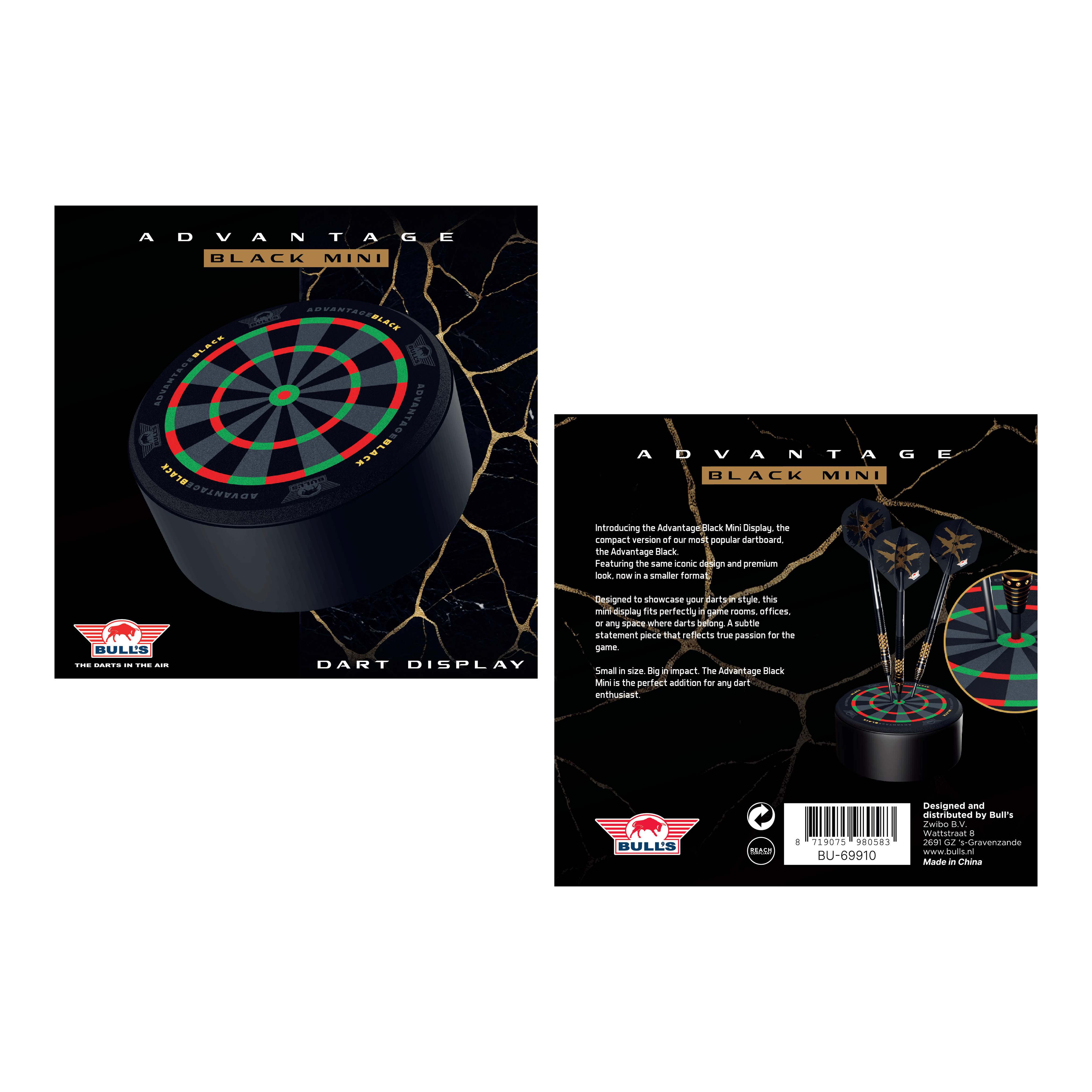 Das Bild zeigt den Bulls NL Advantage Black Mini Dart Display Darthalter. Der Halter ist ideal zur Ausstellung von Mini-Darts.