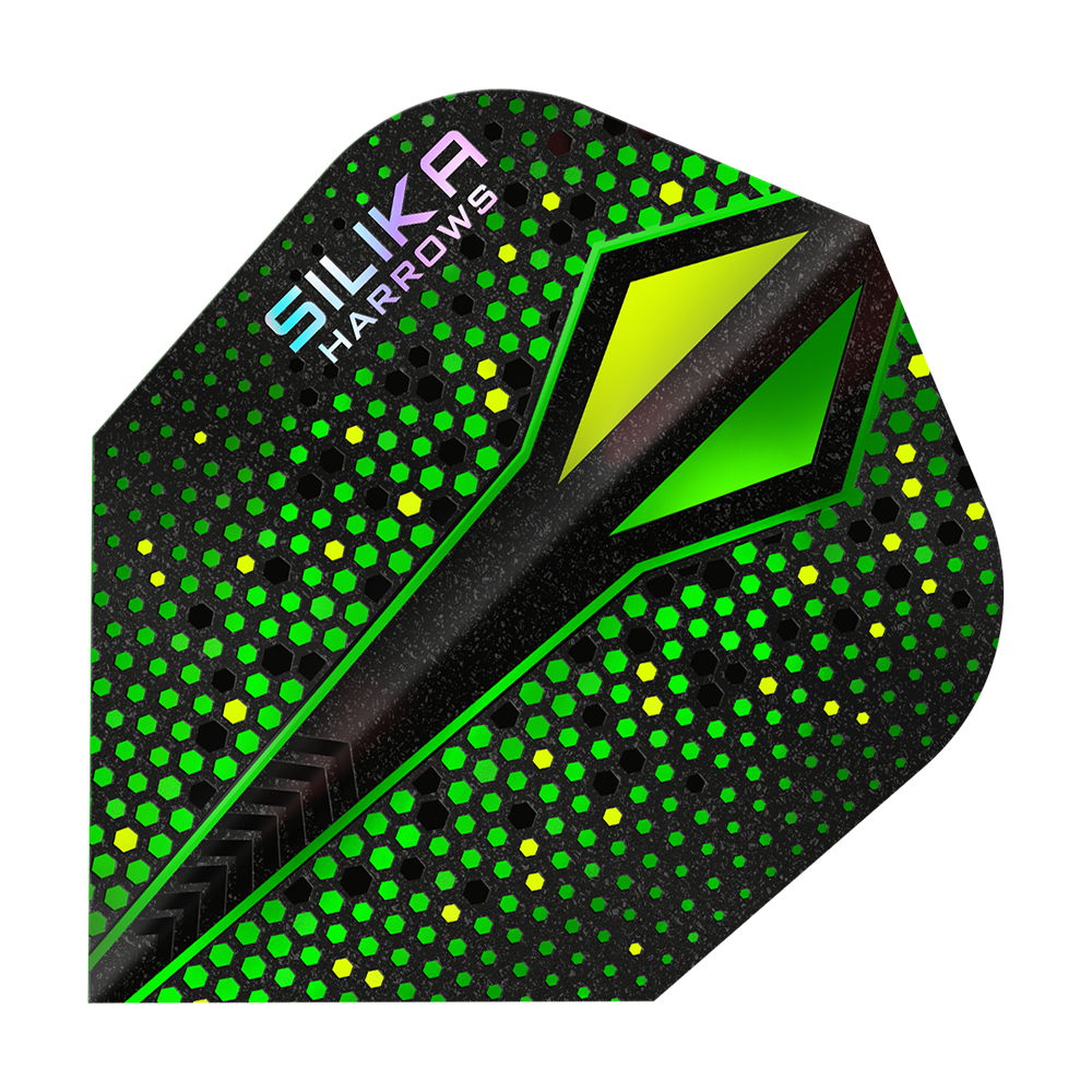Harrows Silika Colorshift Revêtement cristallin résistant Green-X No6 Flights Das Bild zeigt ein Dart Flight mit dem Namen „Harrows Silika Colourshift Tough Crystalline Coating Green-X No6“. Es hat ein auffälliges Design mit grünen und gelben Hexagon-Mustern auf schwarzem Hintergrund.