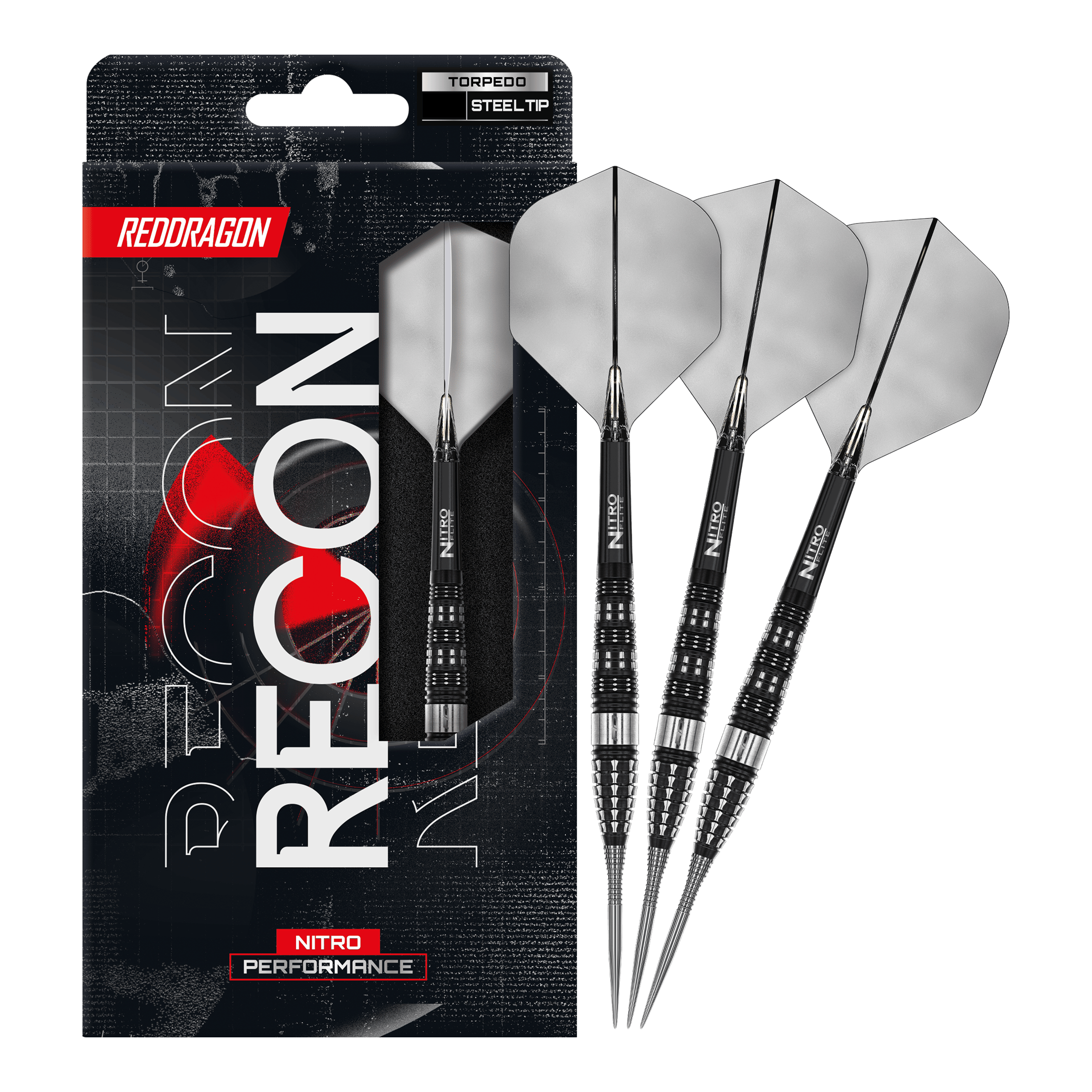 Fléchettes en acier Red Dragon Recon Torpedo Auf dem Bild ist ein vollständiger Satz Red Dragon Recon Torpedo Steeldarts dargestellt. Diese Steeldarts sind speziell für präzises Spielen entwickelt.