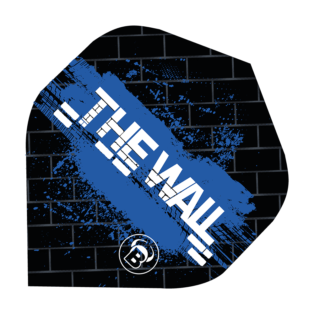 Bulls B-Star Martin Schindler Noir Bleu N°2 Vols Standard Das Bild zeigt ein Dartflight im schwarzen und blauen Design mit der Aufschrift "THE WALL". Im Hintergrund ist ein Ziegelmuster zu sehen, und unten befindet sich ein rundes Logo mit einem "B".