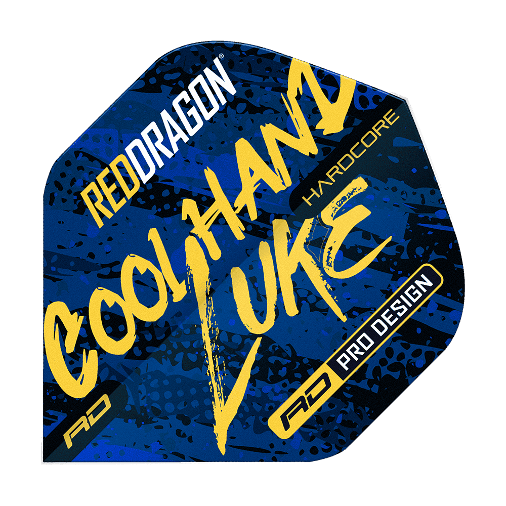 TF6864_Red_Dragon_Hardcore_Luke_Humphries_Signature_Blue_Standard_Flights_1 Das Bild zeigt das Produkt "Red Dragon Hardcore Luke Humphries Signature Blue Standard Flights". Die Flight ist blau mit gelber und weißer Schrift und auffälligem Design bedruckt.