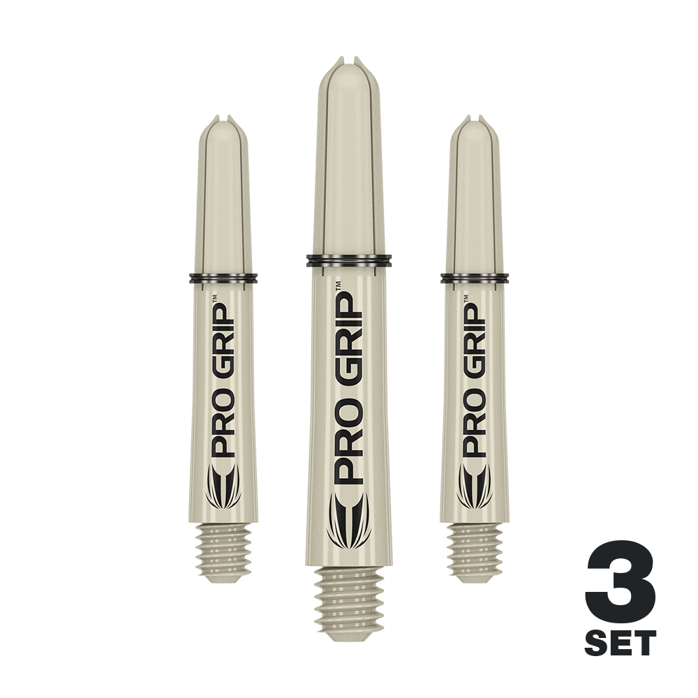 Tiges Target Pro Grip - 3 jeux - Sable Das Bild zeigt drei sandfarbene "Pro Grip" Dartschäfte der Marke Target. Unten rechts steht "3 Set", was darauf hinweist, dass es sich um ein Set mit drei Schäften handelt.
