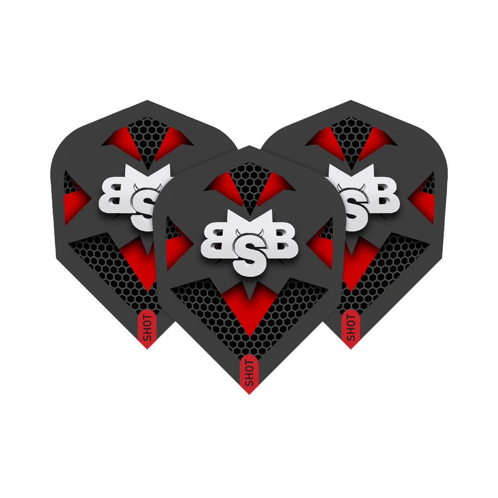Shot Michael Smith Tenacious No6 Flights Das Bild zeigt drei Dart-Flights mit dem Aufdruck „BSB“ und einem modernen, schwarzen und roten Design. Am unteren Rand der Flights steht das Wort „SHOT“.