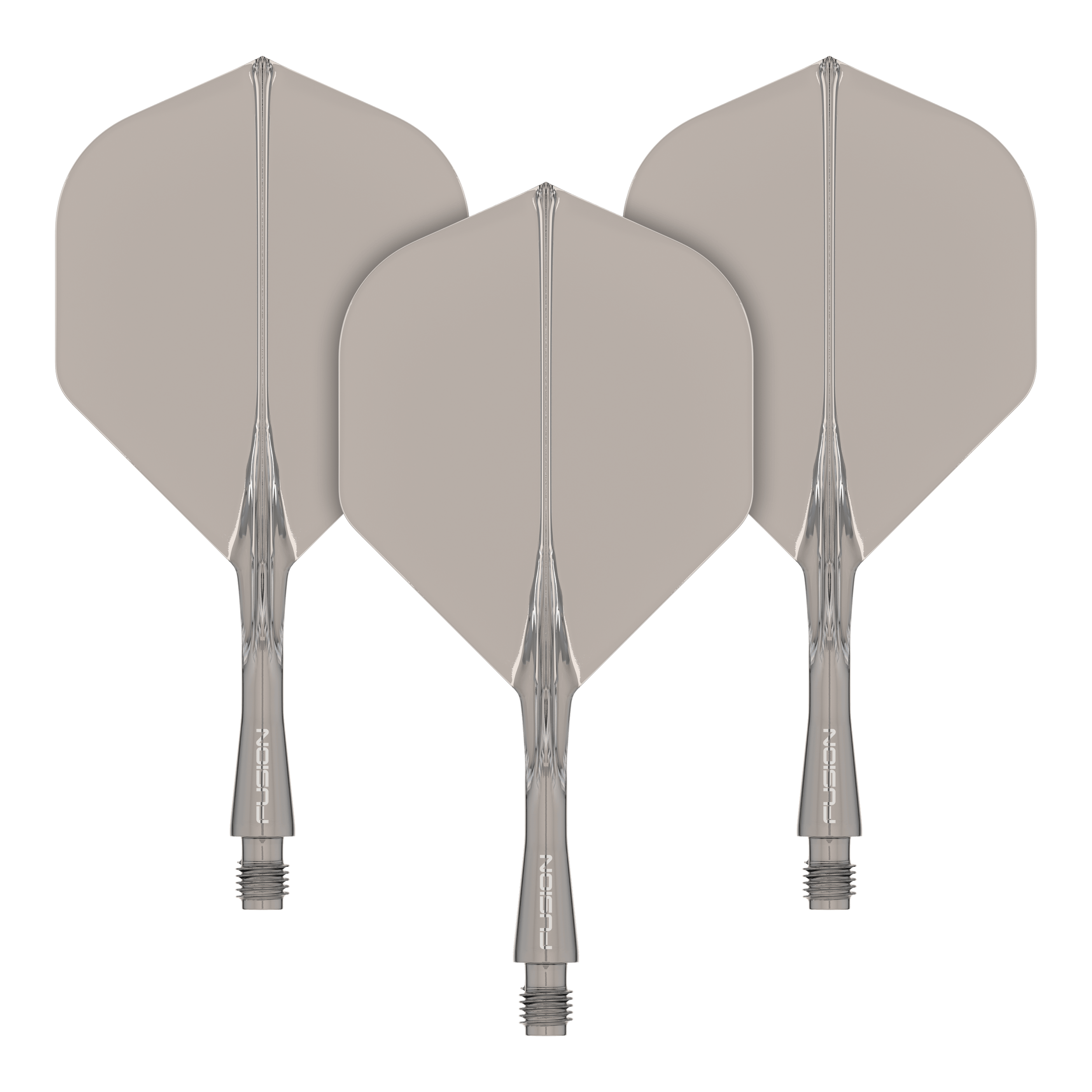 Système d'arbre de vol Winmau Fusion Standard Smokey Das Bild zeigt drei graue Dart-Flights mit transparenten Schäften. Sie sind ordentlich nebeneinander angeordnet und haben eine standardisierte Pfeilform.