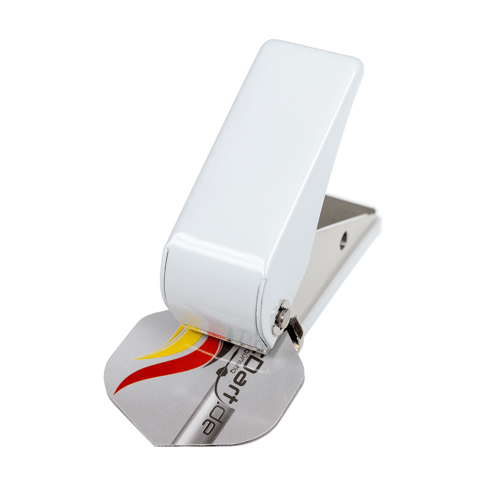 630-Flight-Locher-630-3 Das Bild zeigt den Flight Locher 630, einen kleinen Handlocher. Er hat ein kompaktes weißes Gehäuse und wird zum Stanzen von Karten oder Papier verwendet.