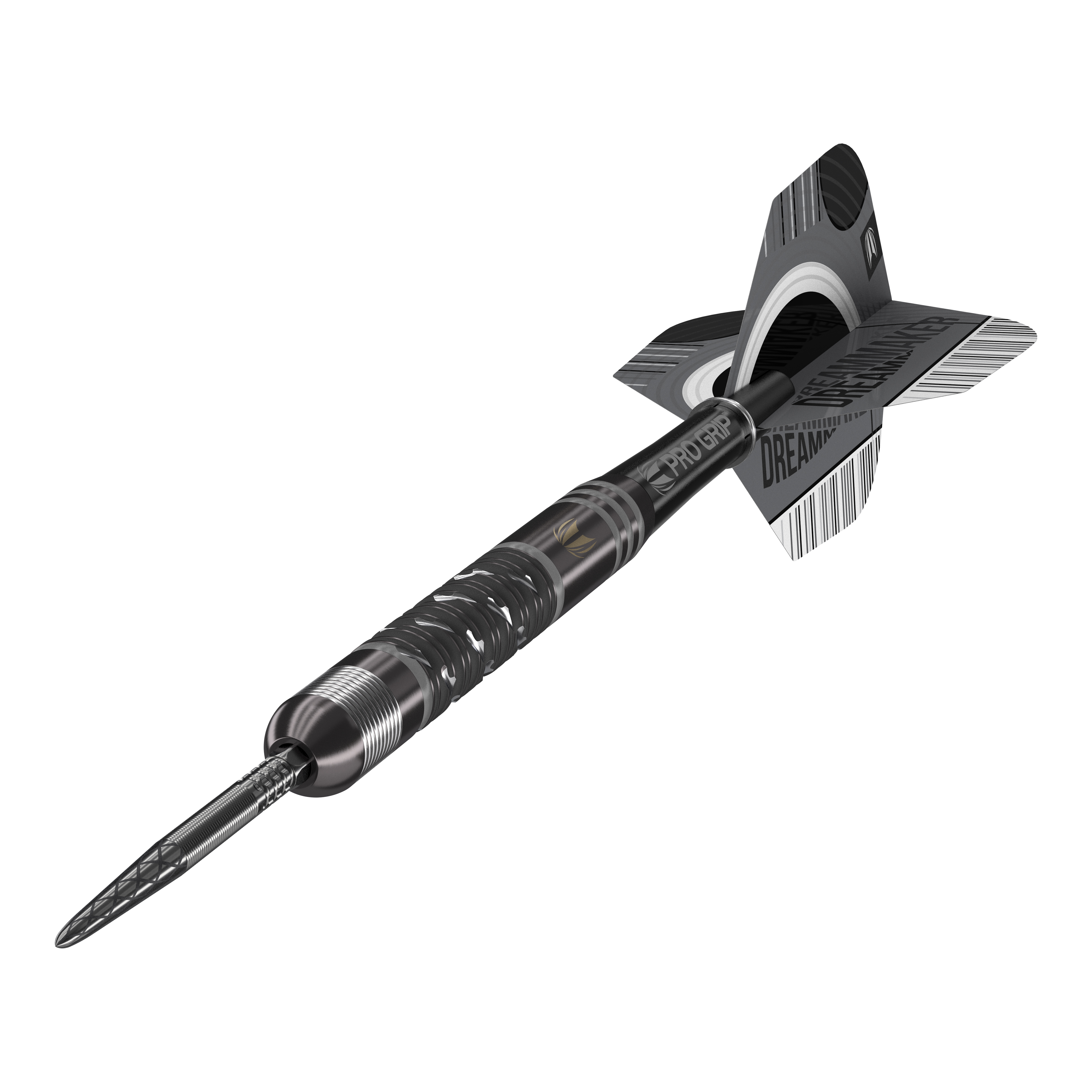 Fléchettes en acier Target Dimitri Van Den Bergh X Echo Swiss Point Das Bild zeigt einen Target Dimitri Van Den Bergh X Echo Swiss Point Steeldart. Der Dartpfeil ist schwarz-silber und hat detaillierte Ringe und Schriftzüge auf dem Schaft und den Flights.