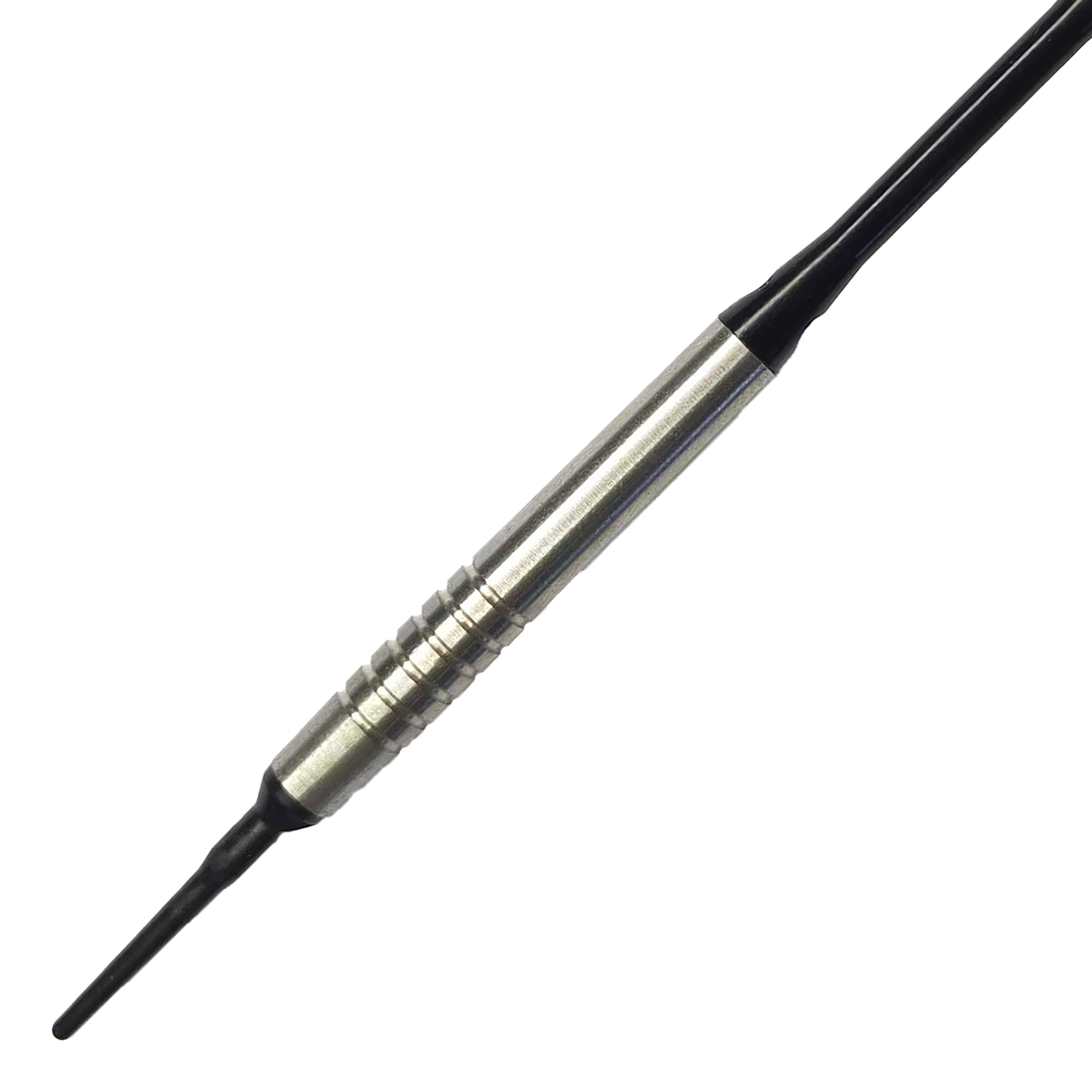 Fléchettes souples McDart 85 Tungstène V14 - 17 g Auf dem Bild ist ein McDart 85er Tungsten V14 Softdart mit einem Gewicht von 17 Gramm zu sehen. Der Dartpfeil hat einen silbernen, gerillten Schaft und schwarze Spitzen.