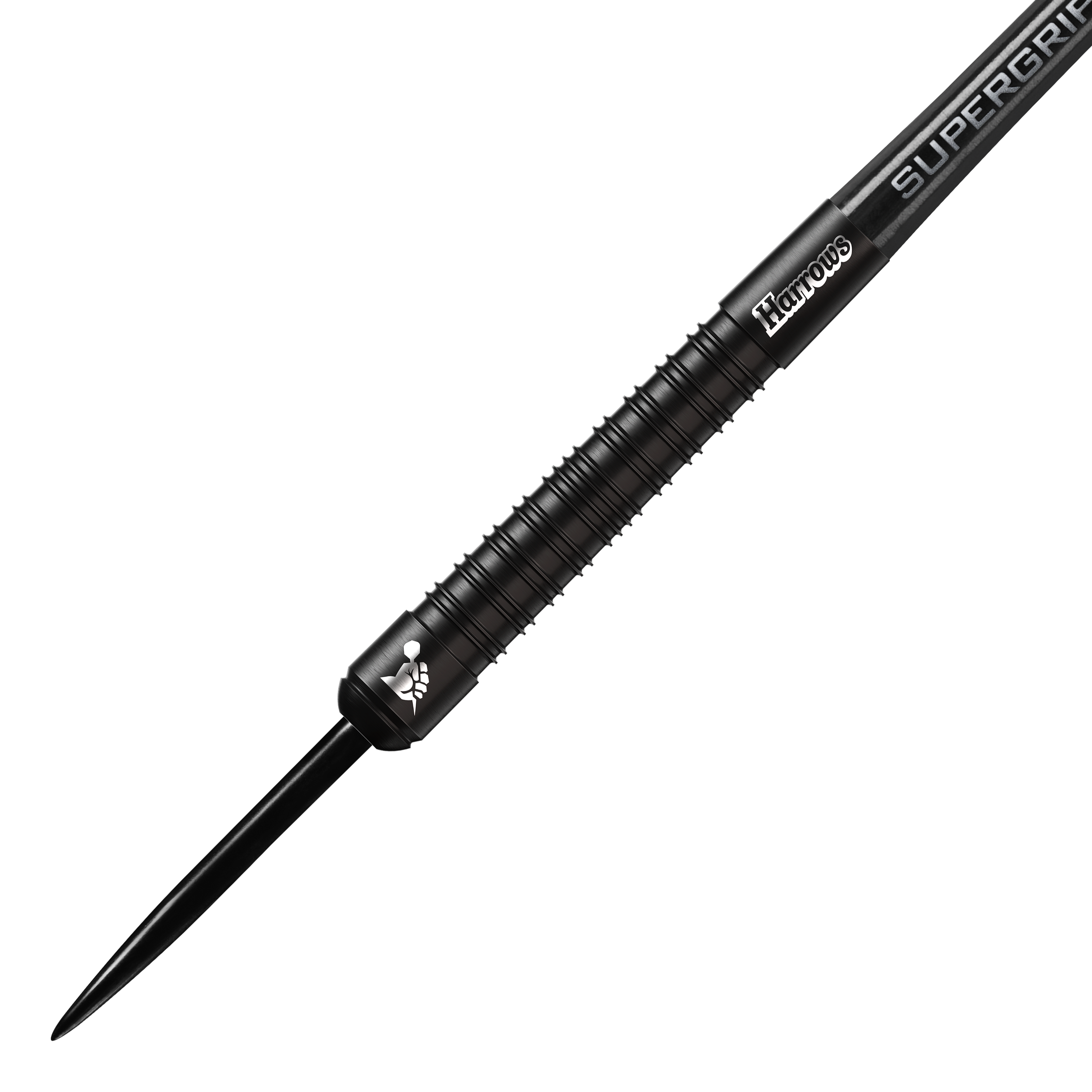 Fléchettes en acier Harrows Supergrip Black Edition Das Bild zeigt einen schwarzen Steeldart der Marke Harrows aus der Supergrip Black-Edition. Der Dart hat ein geriffeltes Griffstück und ein elegantes, komplett schwarzes Design.