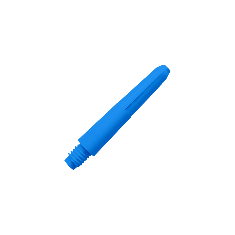 Das Bild zeigt einen blauen Nylon-Schaft. Er hat ein Gewinde an einem Ende und ist glatt und länglich geformt.