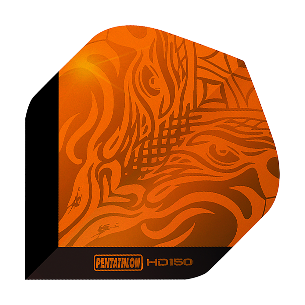 Volets standard Pentathlon HD150 orange métallisé Das Bild zeigt ein Pentathlon HD150 Metallic Orange Standard Flight. Das Design ist orange mit metallischem Glanz und auffälligen Mustern.