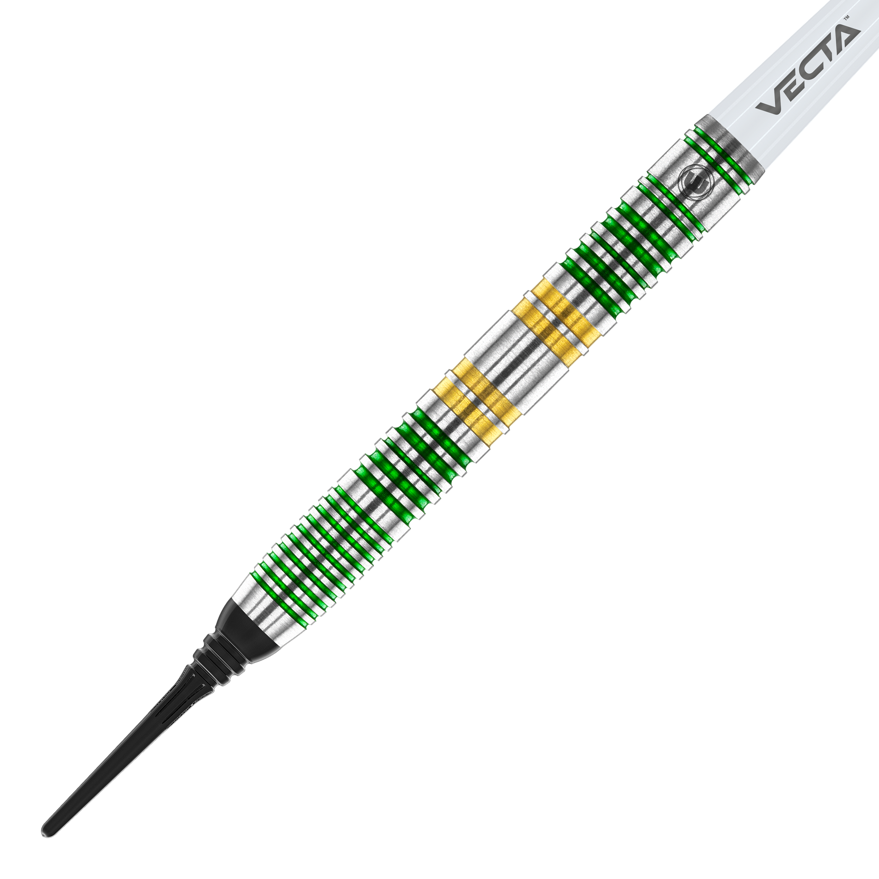 Fléchettes souples Winmau Xenon - 20 g Das Bild zeigt einen Winmau Xenon Softdart mit einem Gewicht von 20 Gramm. Der Dartpfeil hat silberne, grüne und goldene Ringe und eine schwarze Spitze.