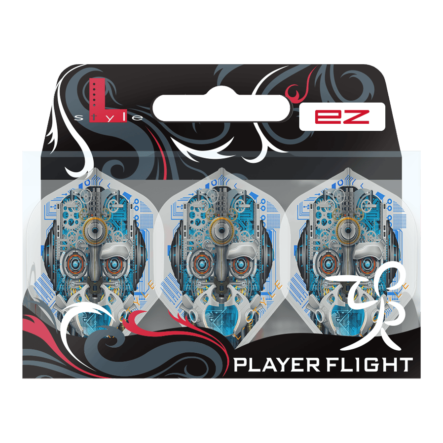Vols L-Style Berry Van Peer V3 Blanc Transparent L1EZ Das Bild zeigt eine Verpackung mit drei weißen Dart-Flights namens "L-Style Berry Van Peer V3 Clear White L1EZ". Die Flights haben ein futuristisches Design mit einem Roboter-Gesicht auf jedem Flight.