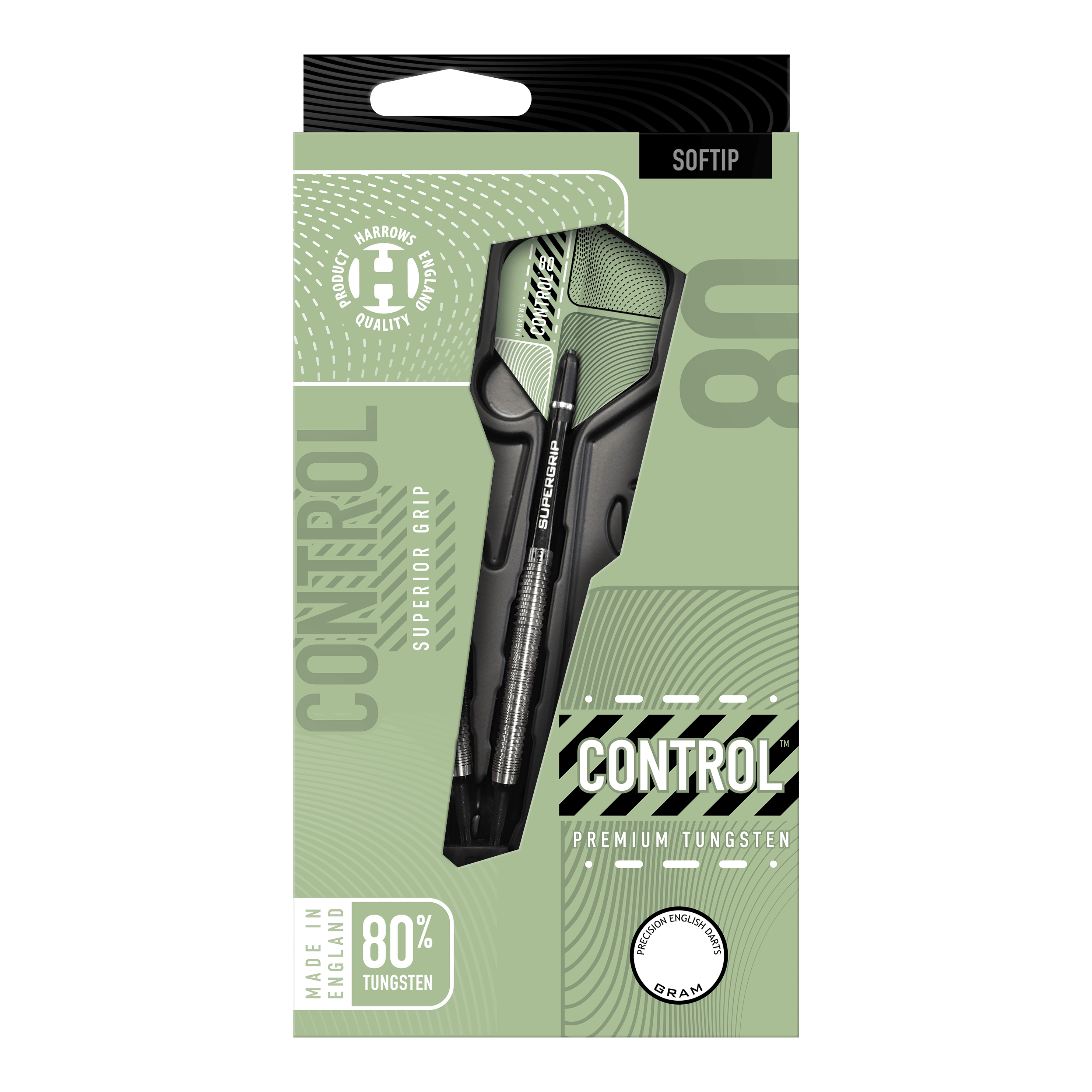 Fléchettes souples parallèles Harrows Control Das Bild zeigt die Verpackung der "Harrows Control Parallel Softdarts" mit dem Dartpfeil gut sichtbar. Auf der Verpackung steht, dass der Dart aus 80% Tungsten besteht und für einen überlegenen Griff sorgt.