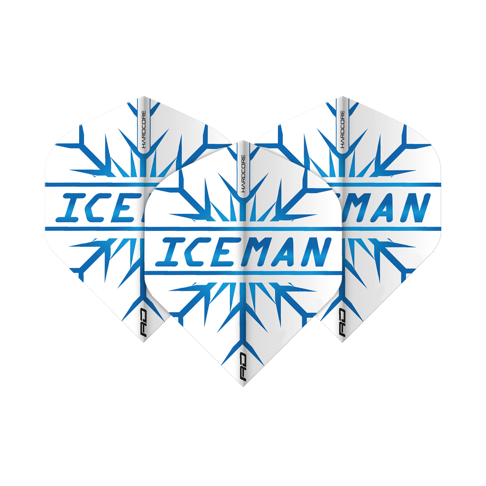 TF6421_RedDragon_Hardcore_Gerwyn_Price_Iceman_Standard_Flights_1 Das Bild zeigt drei Dartflights mit dem Aufdruck "ICEMAN" in blauer Schrift auf weißem Hintergrund. Im Hintergrund sind blaue Eiskristall-Muster zu sehen, und oben steht "HARDCORE".