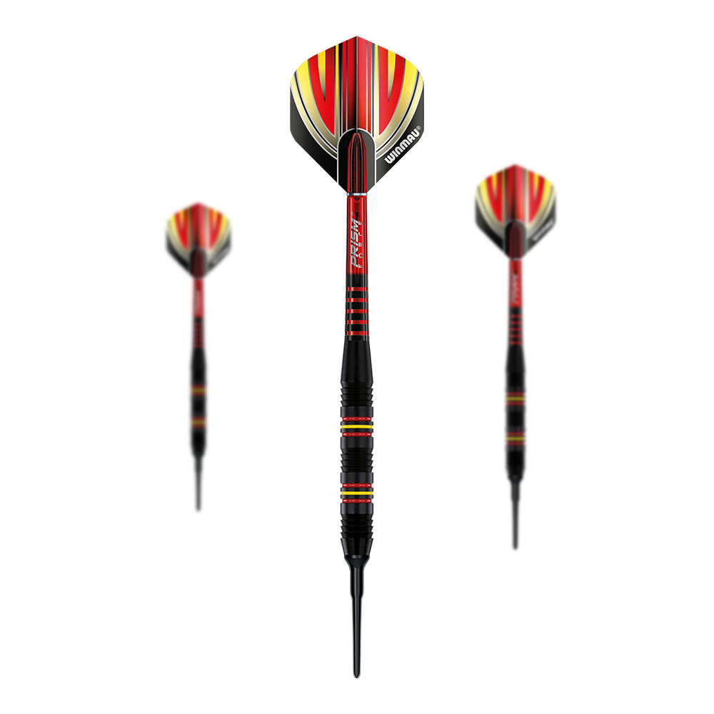 Winmau Outrage V2 Fléchettes souples en laiton avec revêtement noir - 18 g Das Bild zeigt drei Softdarts des Modells "Winmau Outrage V2 Black Coated Brass" mit 18 Gramm Gewicht. Die Darts sind überwiegend schwarz und rot mit gelben Akzenten und haben eine auffällige, moderne Optik.