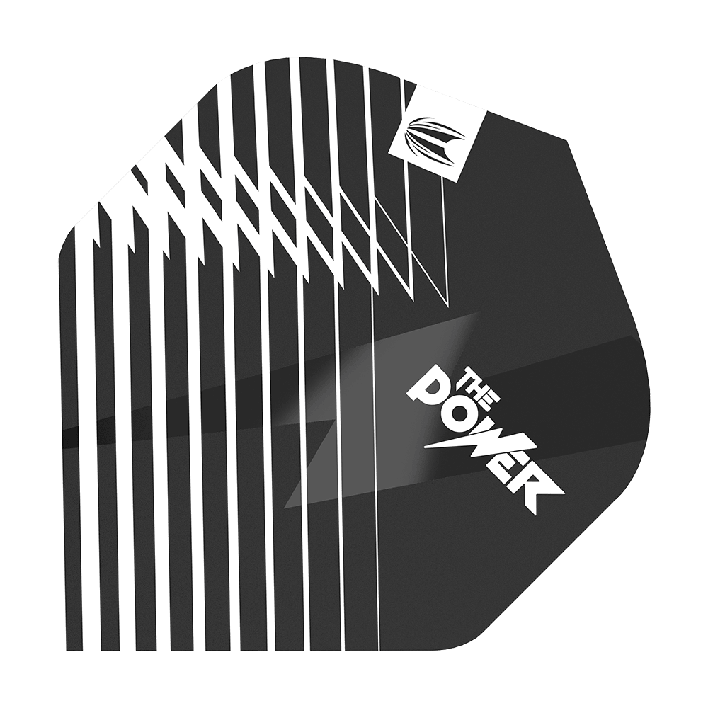 TG94_336740_Target_ProUltra_Phil_Taylor_Black_No2_Standard_Flights_1 Das Bild zeigt die Target ProUltra Phil Taylor Black No2 Standard Flights. Die Flights sind schwarz mit weißen Akzenten und dem Schriftzug "The Power".