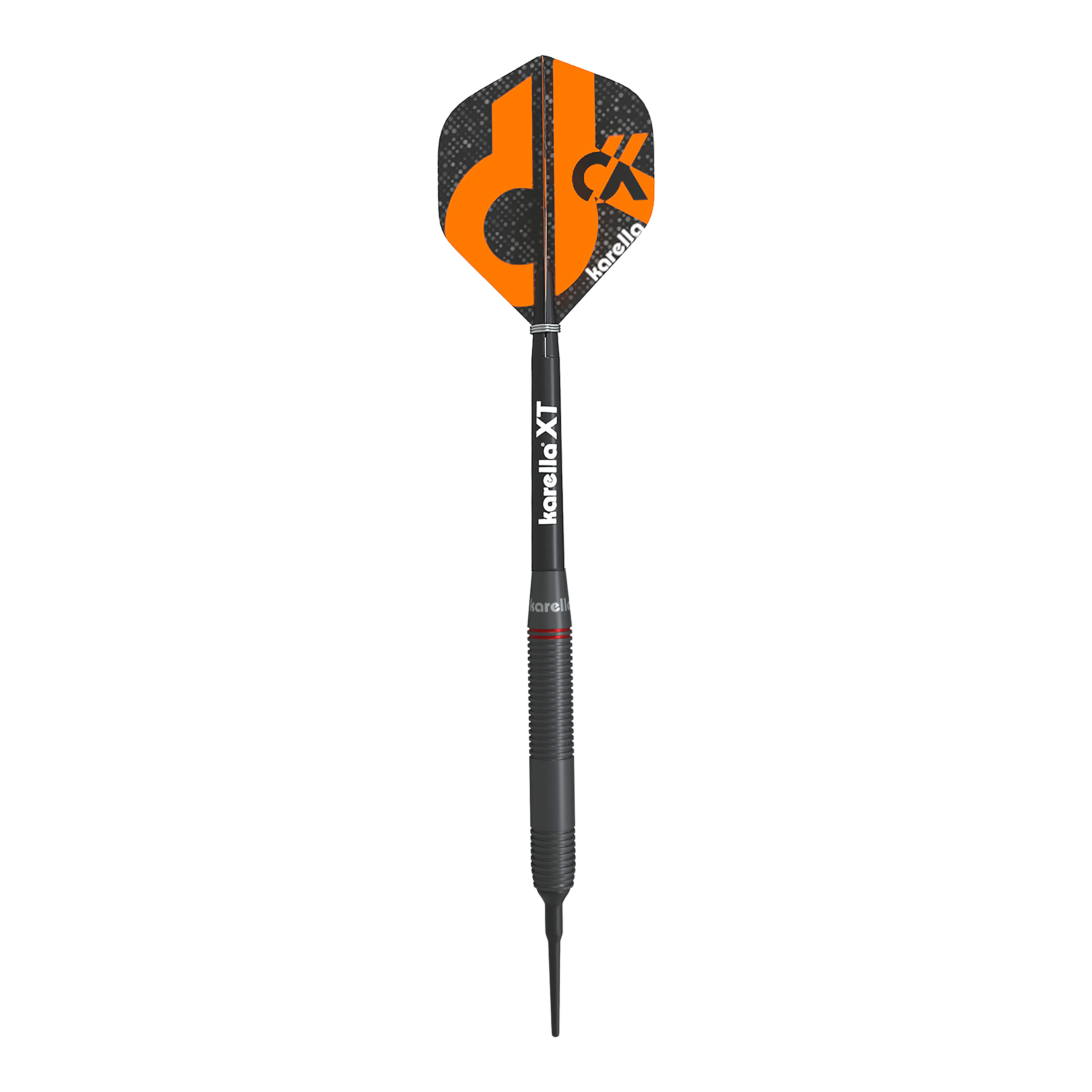 Karella Daniel Klose fléchettes souples Das Bild zeigt einen Softdart der Marke Karella, Modell Daniel Klose. Der Dartpfeil hat eine schwarze Spitze und ein schwarzes Flight mit orangefarbenem Design und dem Karella-Logo.
