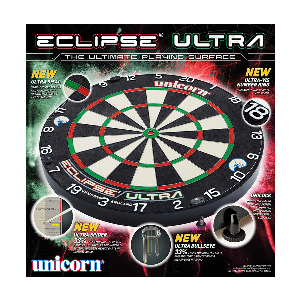 Cible de fléchettes en acier Unicorn Eclipse Ultra Das Bild zeigt das Produkt "Unicorn Eclipse Ultra Steeldartboard" in seiner Verpackung. Es hebt neue Features wie Ultra Sisal, Ultra Spider und Ultra Bullseye hervor.