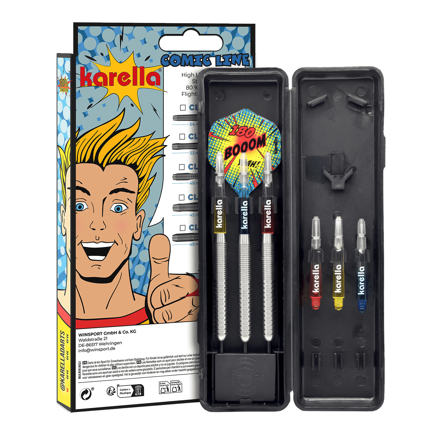 Fléchettes en acier Karella Comic Line CL-1 - 22 g Hier sehen Sie den Karella Comic Line CL-1 Steeldarts - 22g. Das Foto präsentiert Details des Dartpfeils.