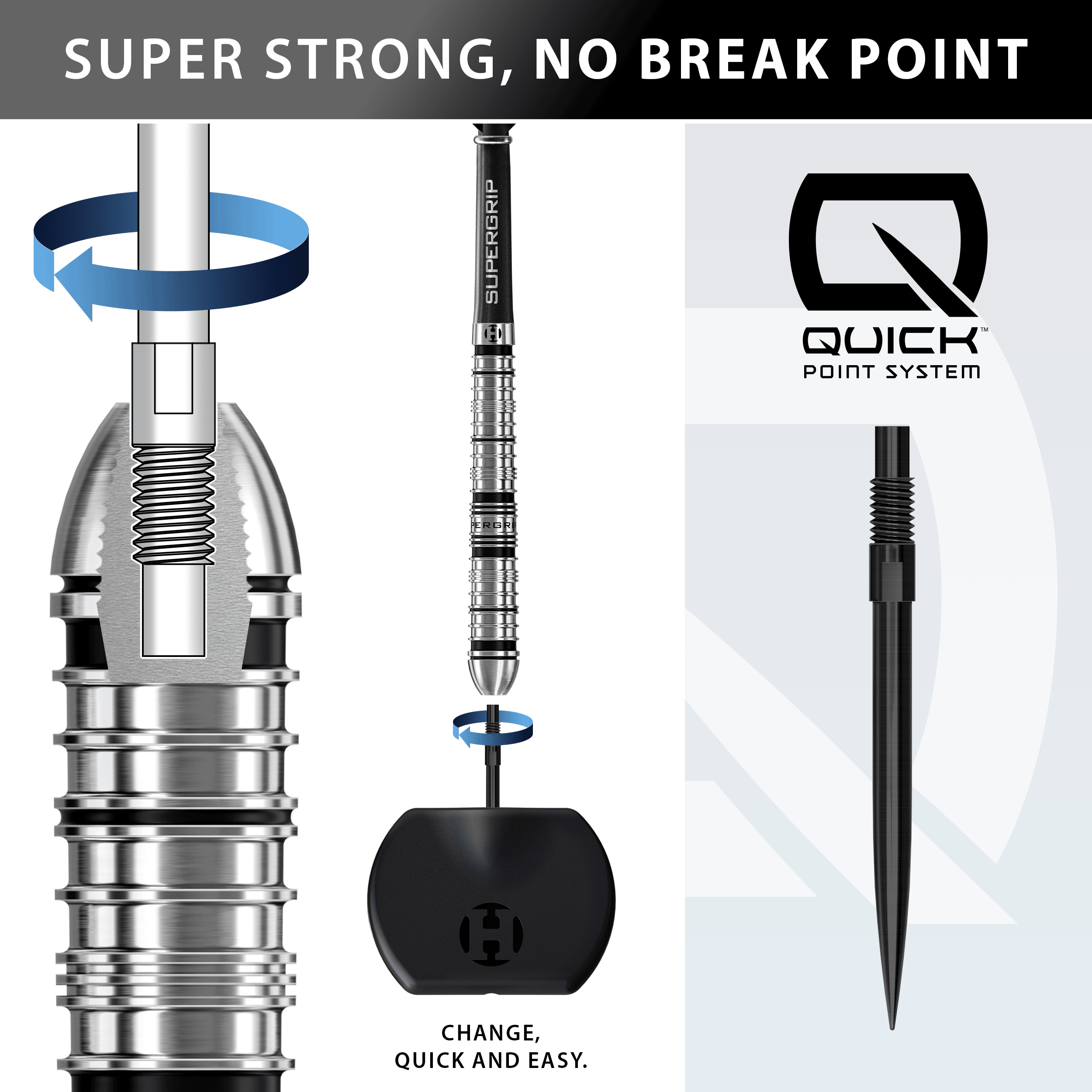 Fléchettes en acier Harrows Supergrip à pointe rapide conique Gezeigt werden die Harrows Supergrip QP Tapered Quick Point Steeldarts. Sie sind besonders für ambitionierte Spieler geeignet.