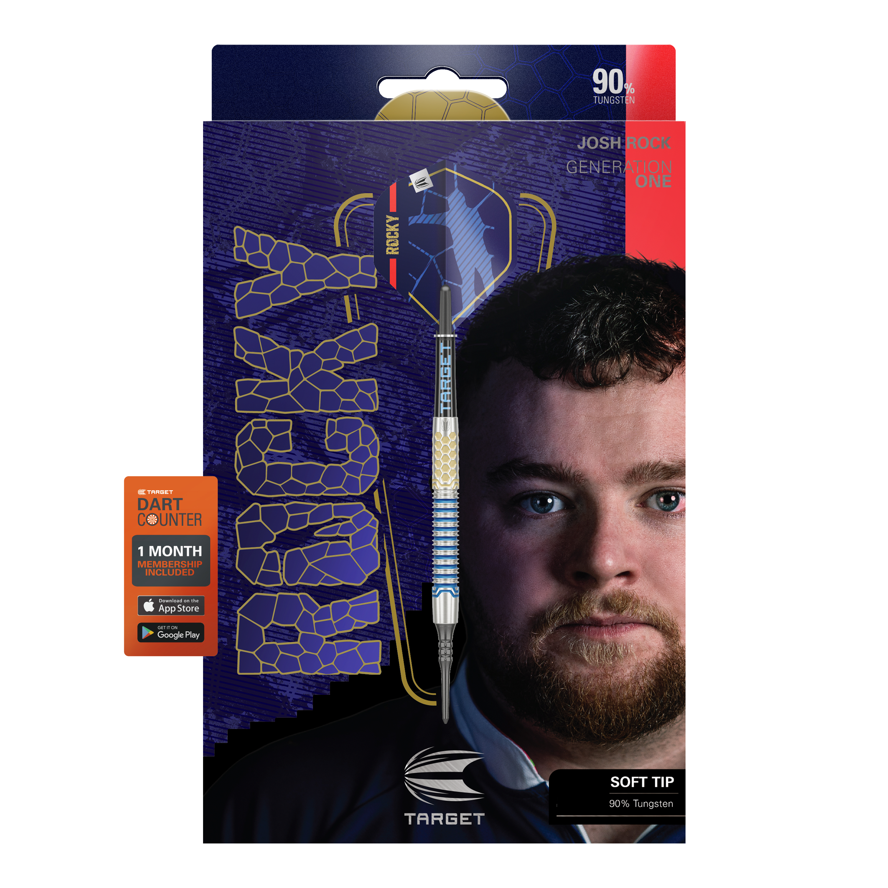 Fléchettes souples Target Josh Rock GEN1 - 20 g Die Abbildung zeigt die Softdarts "Target Josh Rock GEN1" mit einem Gewicht von 20g. Auf der Verpackung ist ein Porträt eines Mannes sowie die Angabe "90% Tungsten" und "SOFT TIP" zu sehen.