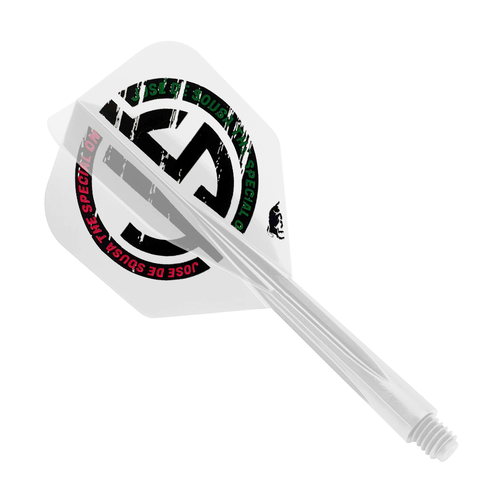 Condor AX Jose De Souza Special One Inspiration Flight System - Transparent - Petit Dies ist ein klarer Dart-Flight mit dem Aufdruck "JOSE DE SOUZA THE SPECIAL ONE". Das Produkt ist das "Condor AXE Jose De Souza Special One Inspiration Flight-System" in der Größe Small.