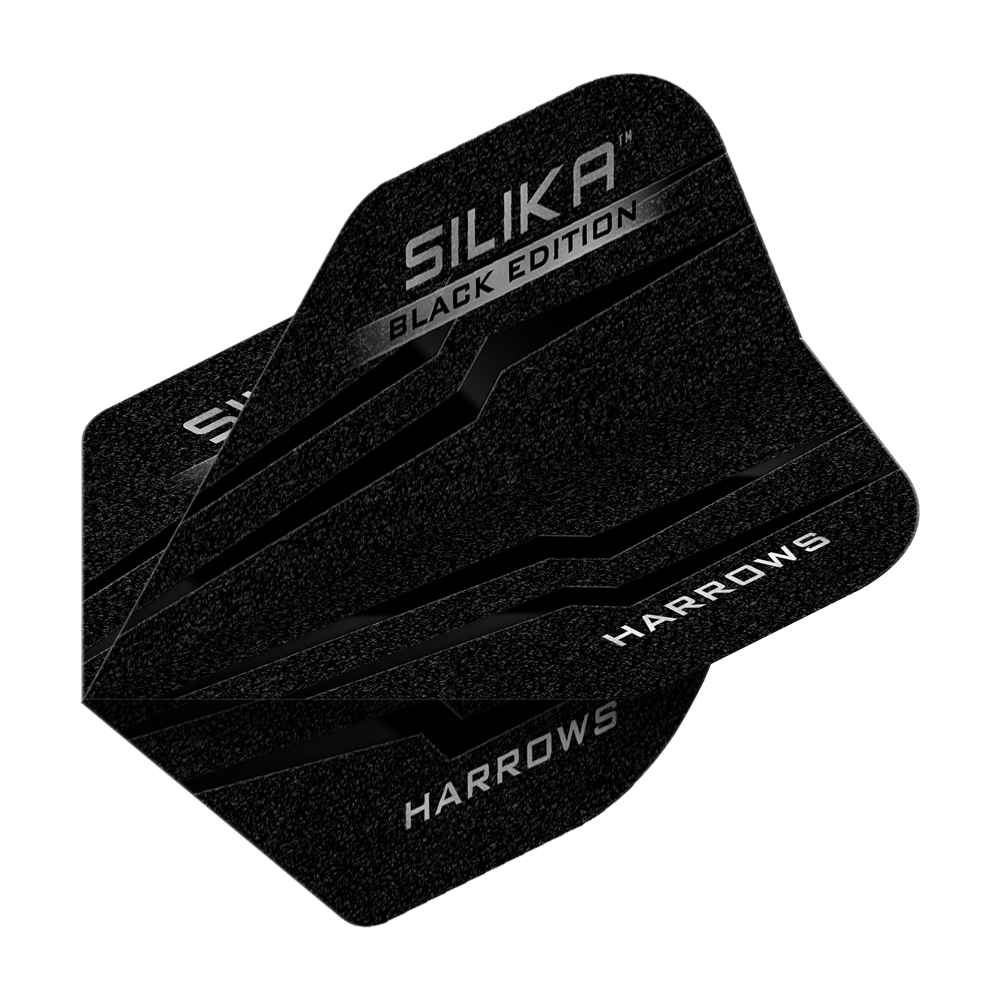 Volets standard Harrows Silika Black Edition No2 Das Bild zeigt die Harrows Silika Black-Edition No2 Standard Flights. Die Flights sind schwarz mit silbernen Akzenten und dem Aufdruck "Harrows" sowie "Silika Black Edition".