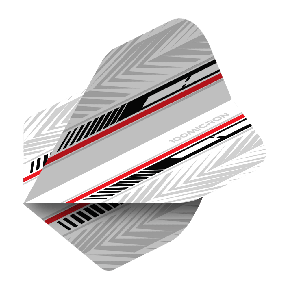 Vols de Pentathlon blanc/noir/rouge Das Bild zeigt ein Dart-Flight mit dem Namen "Pentathlon White Black Red No2 Standard Flights". Es ist überwiegend weiß und grau mit schwarzen und roten Akzenten und geometrischem Muster gestaltet.