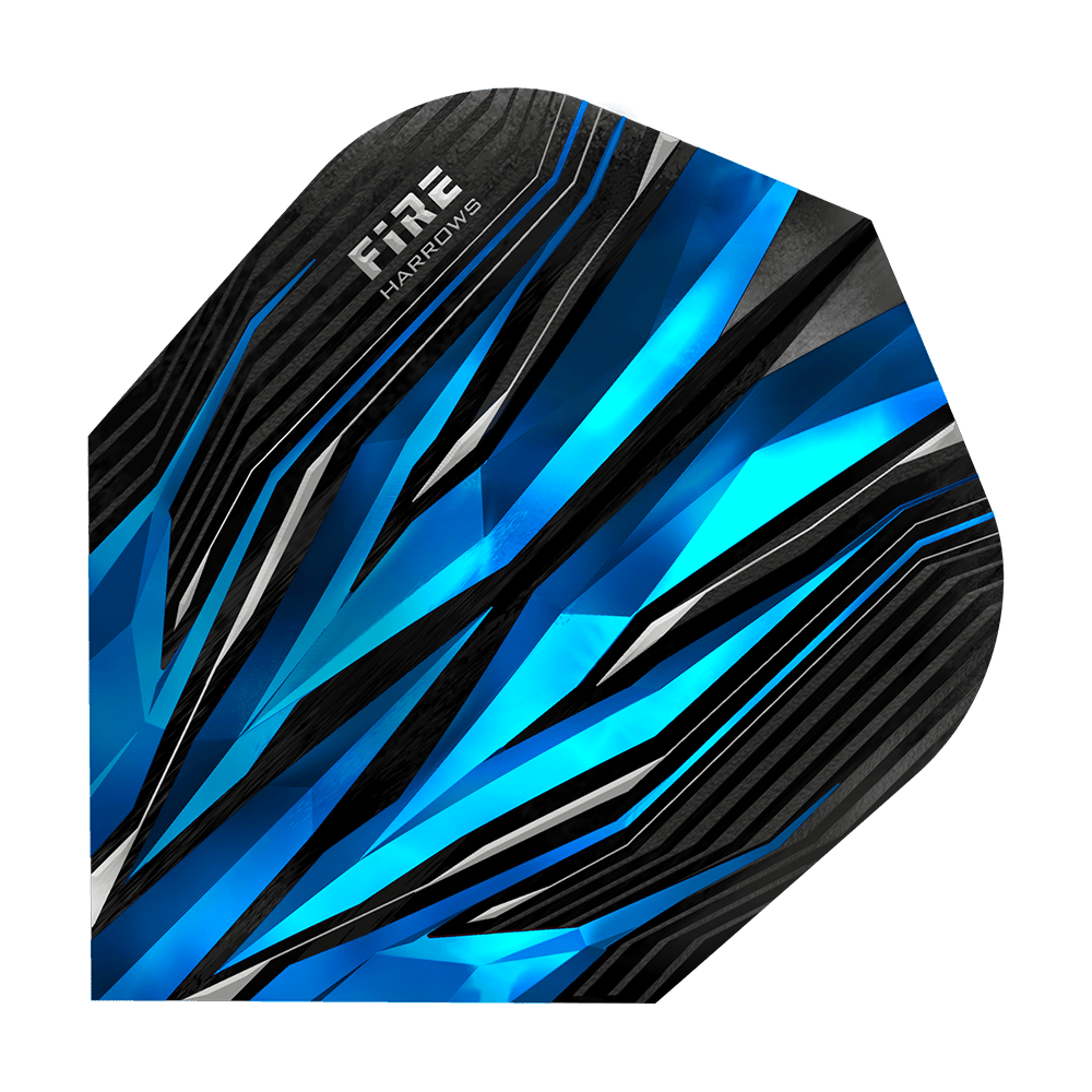 HR4_Harrows_Fire_Blue_Standard_Flights_1miIk3bTtHxhto Dies ist ein Harrows Fire Blue Standard Flight mit einem auffälligen, blauen und schwarzen Design. Die Oberfläche zeigt dynamische, geometrische Muster und den Schriftzug "FIRE HARROWS".