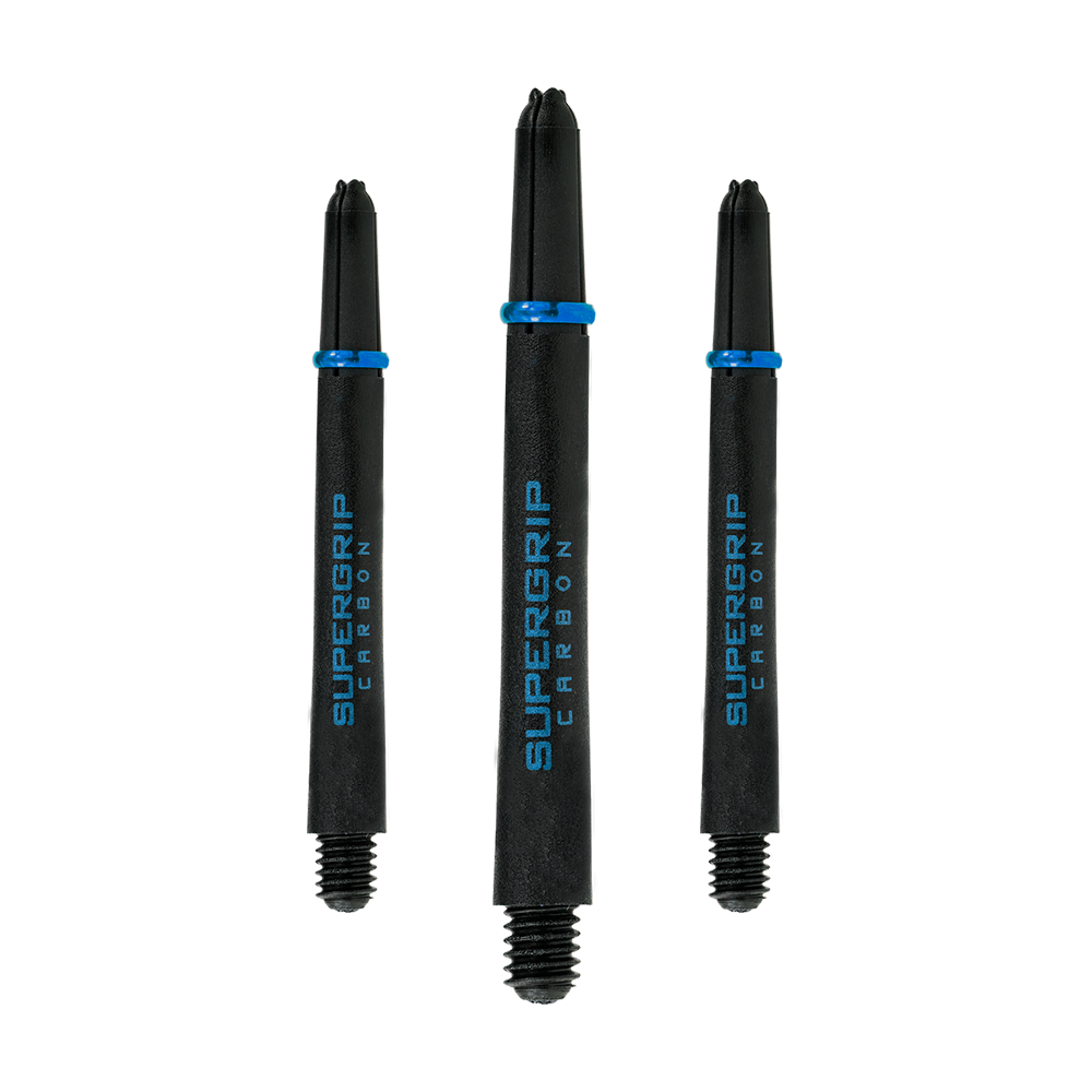 Das Bild zeigt drei Harrows Supergrip Carbon Shafts in der Farbe Aqua. Die Dartschäfte sind schwarz mit blauen Akzenten und der Aufschrift "SUPERGRIP CARBON".