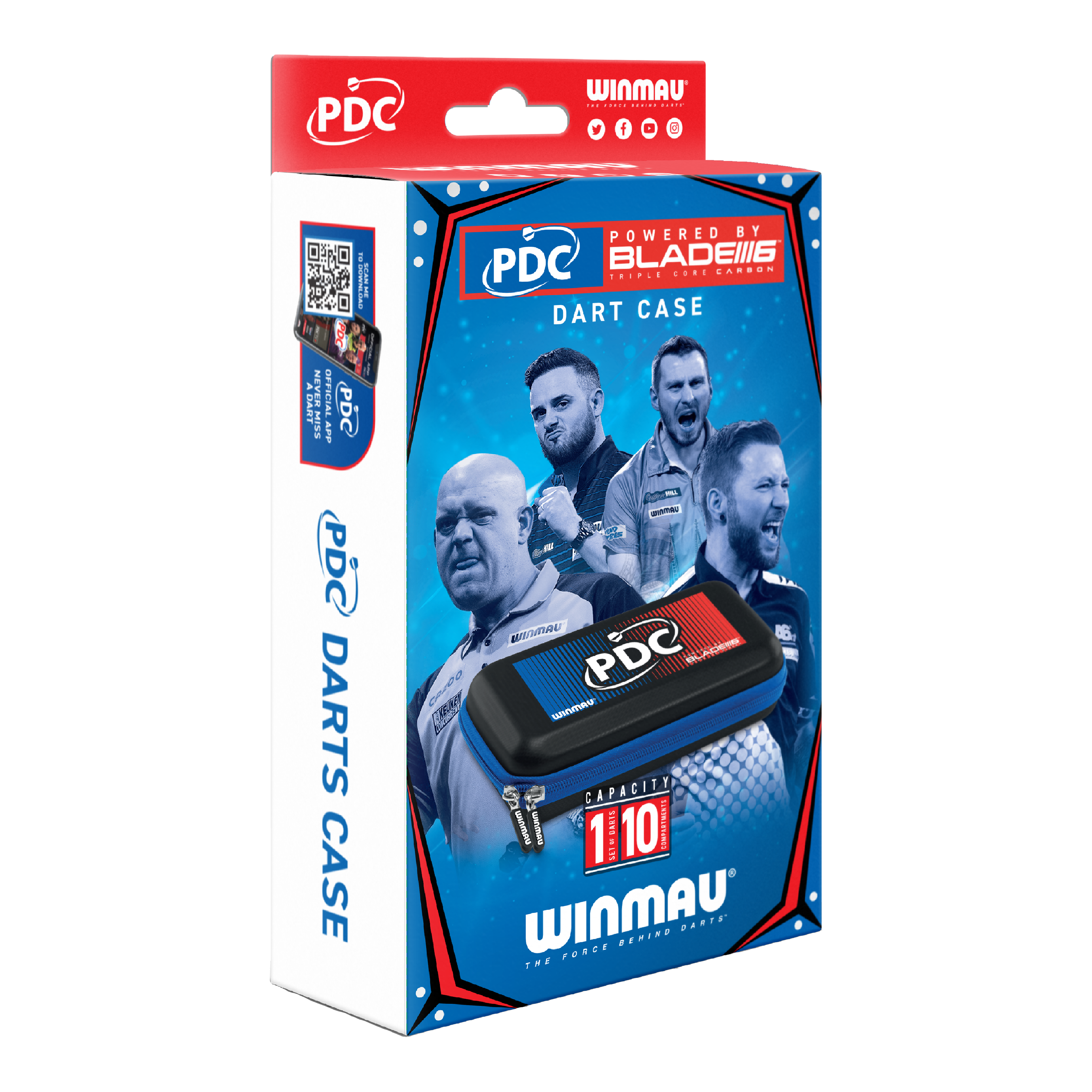 Étui à fléchettes Winmau PDC Die Abbildung zeigt die Verpackung des Winmau PDC Dartcase. Auf der Box sind Bilder von Dartspielern sowie das Etui und die Markenlogos zu sehen.