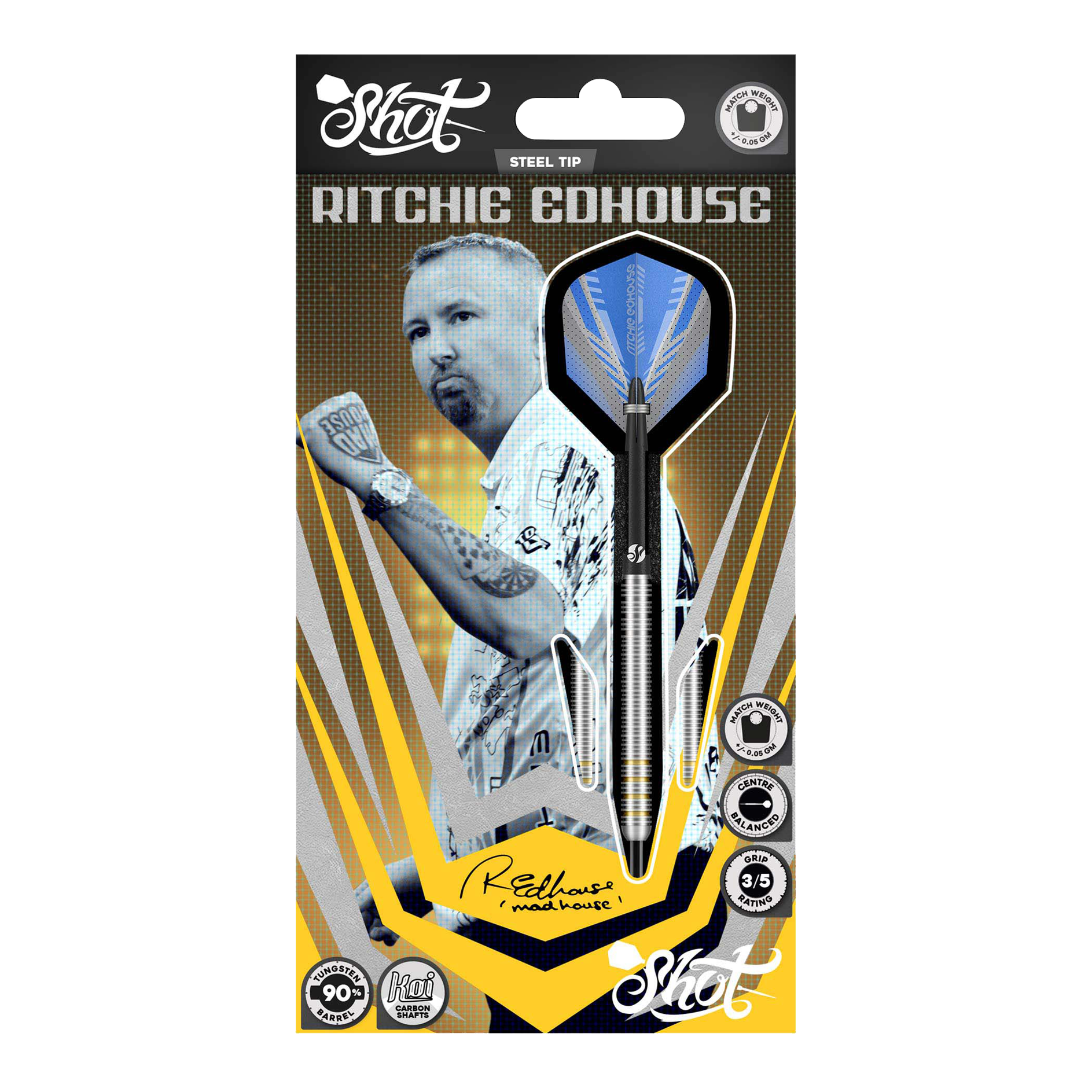 Fléchettes en acier à noyau Ritchie Edhouse Das Bild zeigt die Shot Ritchie Edhouse Core Steeldarts aus einer anderen Perspektive. Die Darts sind präzise verarbeitet und ideal für Profis.