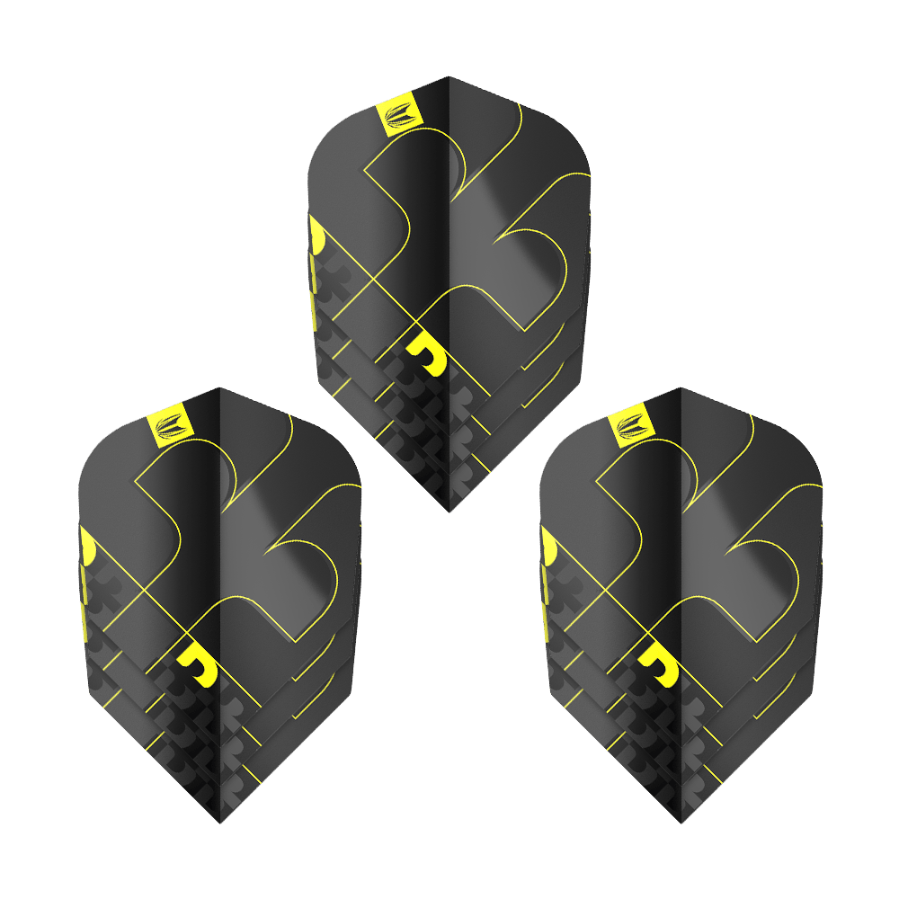 Vols Target ProUltra Bolide Void No6 Das Bild zeigt drei Target ProUltra Bolide Void No6 Flights. Die Flights sind schwarz mit gelben Akzenten und besitzen ein modernes, geometrisches Design.