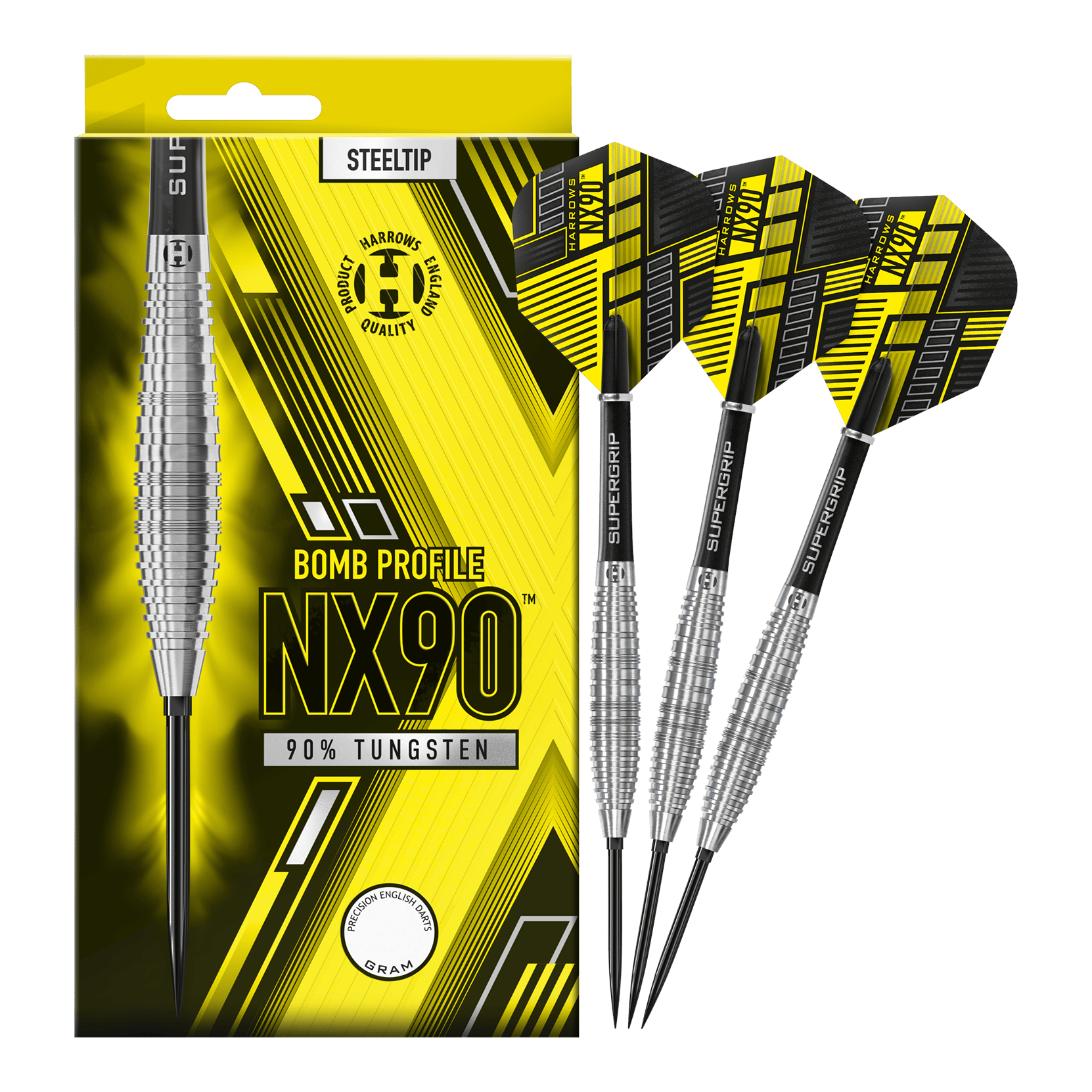 Fléchettes en acier Harrows NX90 Bomb Quick Point Gezeigt werden die Harrows NX90 Bomb Quick Point Steeldarts. Diese Darts bieten ein präzises Wurfverhalten für den Spieler.