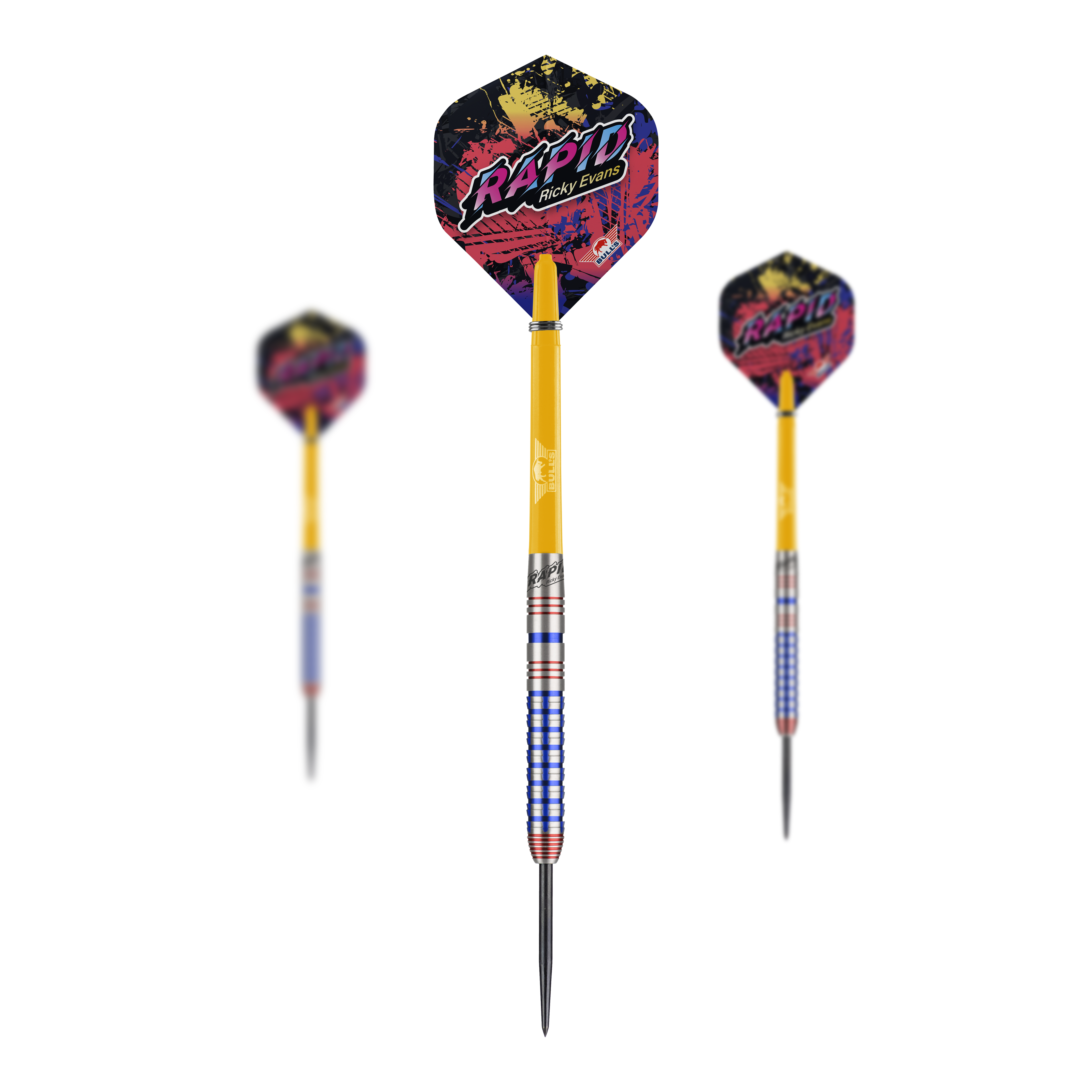 Fléchettes en acier Bulls NL Ricky Evans Rapid Edition One Das Bild zeigt drei Steeldarts des Modells "Bulls NL Ricky Evans Rapid Edition One". Die Darts haben bunte Flights mit dem Schriftzug "Rapid" und einen auffälligen gelb-blauen Schaft.