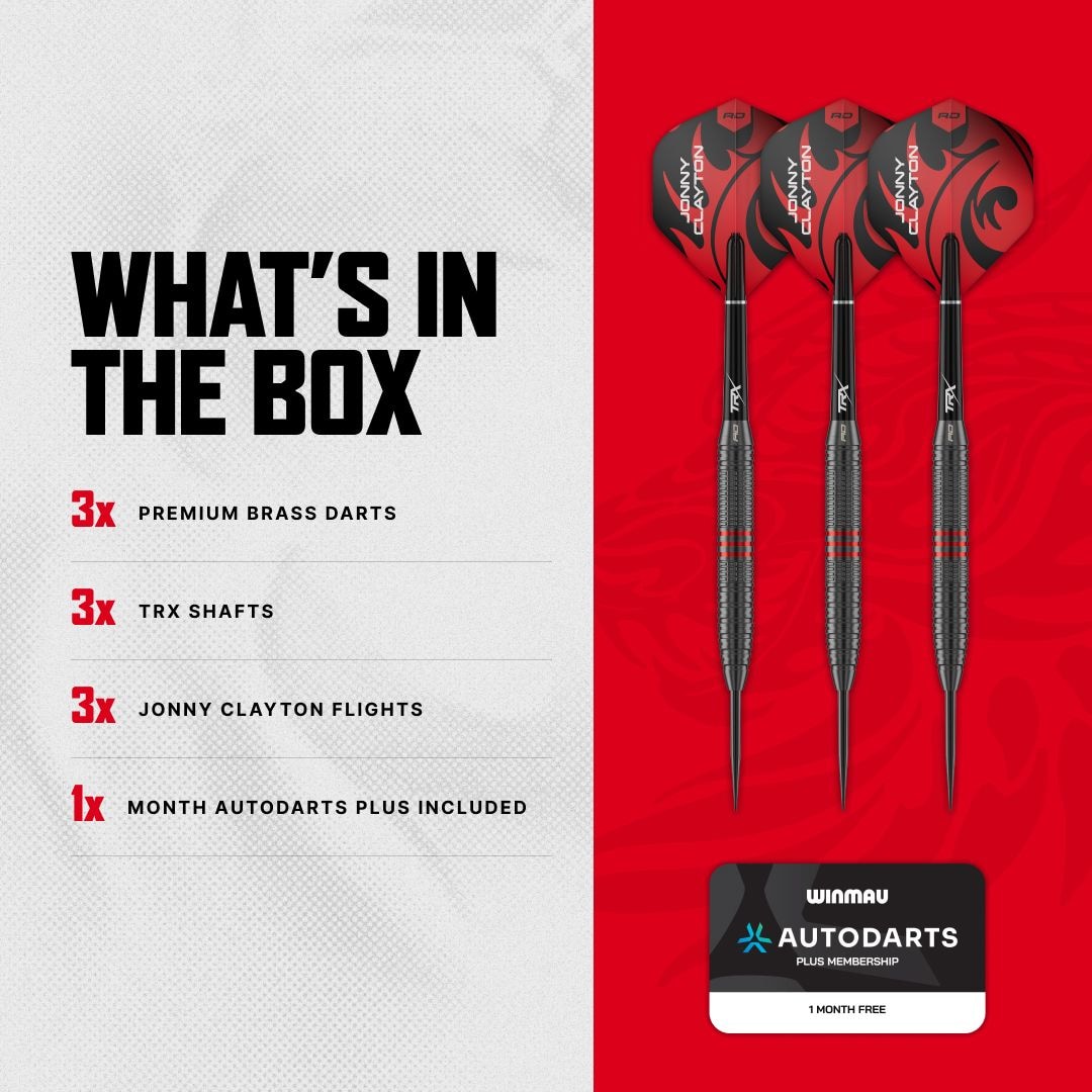 Fléchettes en acier Red Dragon Jonny Clayton Core Brass - 21 g Abgebildet sind die Red Dragon Jonny Clayton Core Brass Steeldarts - 21g. Die Darts liegen in einer Reihe und ihre Spitzen sind gut sichtbar.