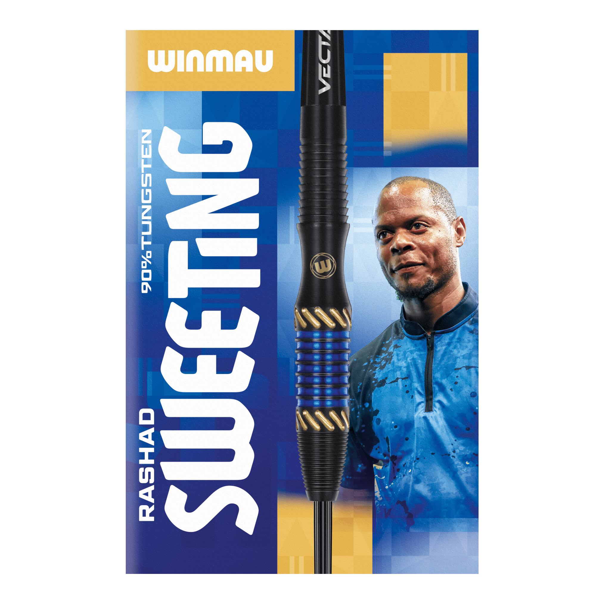 Fléchettes en acier Winmau Rashad Sweeting - 24 g Das Bild zeigt die Verpackung der "Winmau Rashad Sweeting Steeldarts - 24g". In der Mitte ist ein Dartpfeil abgebildet, daneben ist eine Person in einem blauen Outfit zu sehen.