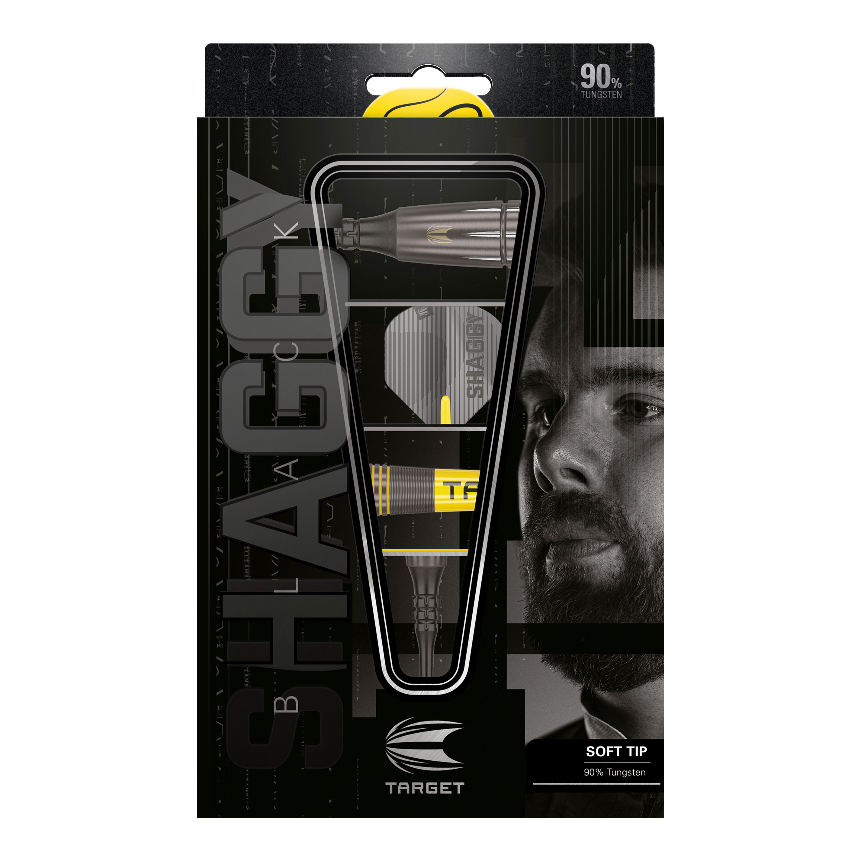 Fléchettes souples noires Target Scott Williams Shaggy - 20 g Das Bild zeigt die Verpackung der "Target Scott Williams Shaggy Black Softdarts - 20g". Die Darts bestehen zu 90% aus Wolfram und haben eine schwarze und gelbe Optik.