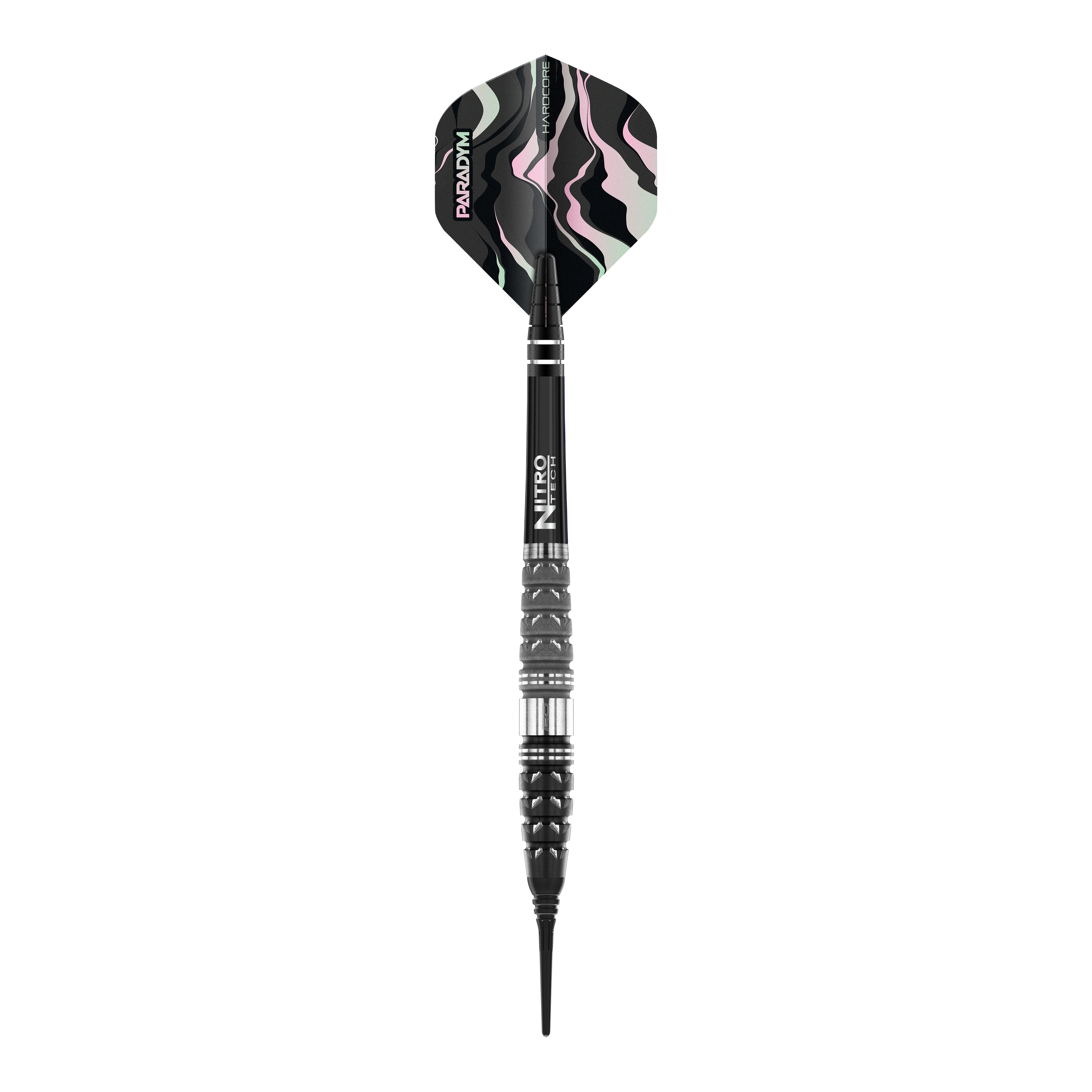 Fléchettes souples Red Dragon Paradym Torpedo - 20 g Das Bild zeigt einen Red Dragon Paradym Torpedo Softdart mit einem Gewicht von 20g. Der Dart hat ein schwarzes Gehäuse mit silbernen Akzenten und ein Muster in dunklen Farben auf dem Flight.