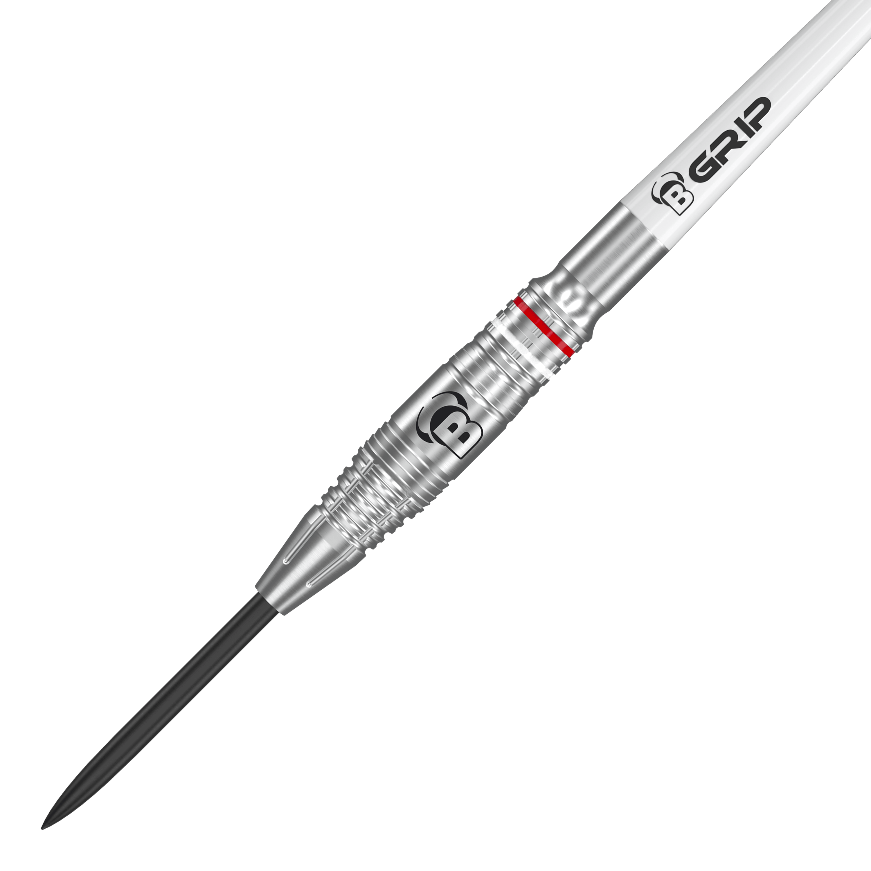Fléchettes en acier Bulls Niko Springer Das Bild zeigt einen Bulls Niko Springer Steeldart. Der Dart ist silberfarben mit einem gezackten Griff und einem schwarzen Spitzenteil.